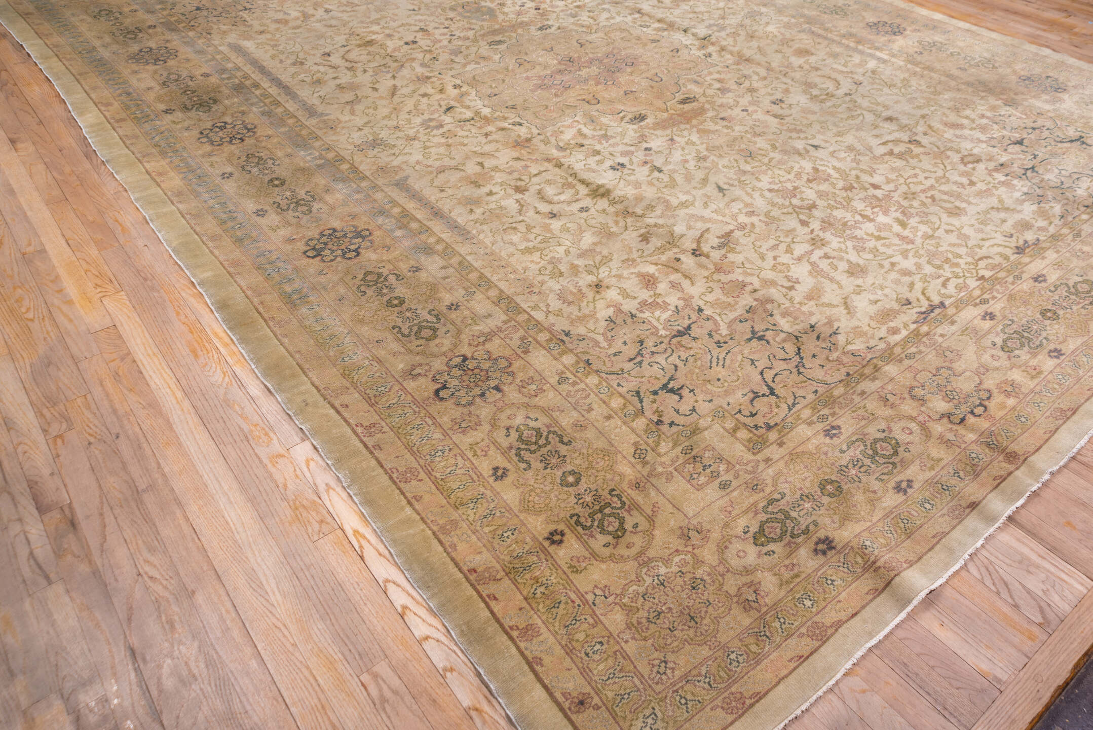 11' x 15' one-of-a-kind handmade antique Oushak oversize rug. Color palette: ivory, taupe, beige, blush, sage, soft blue