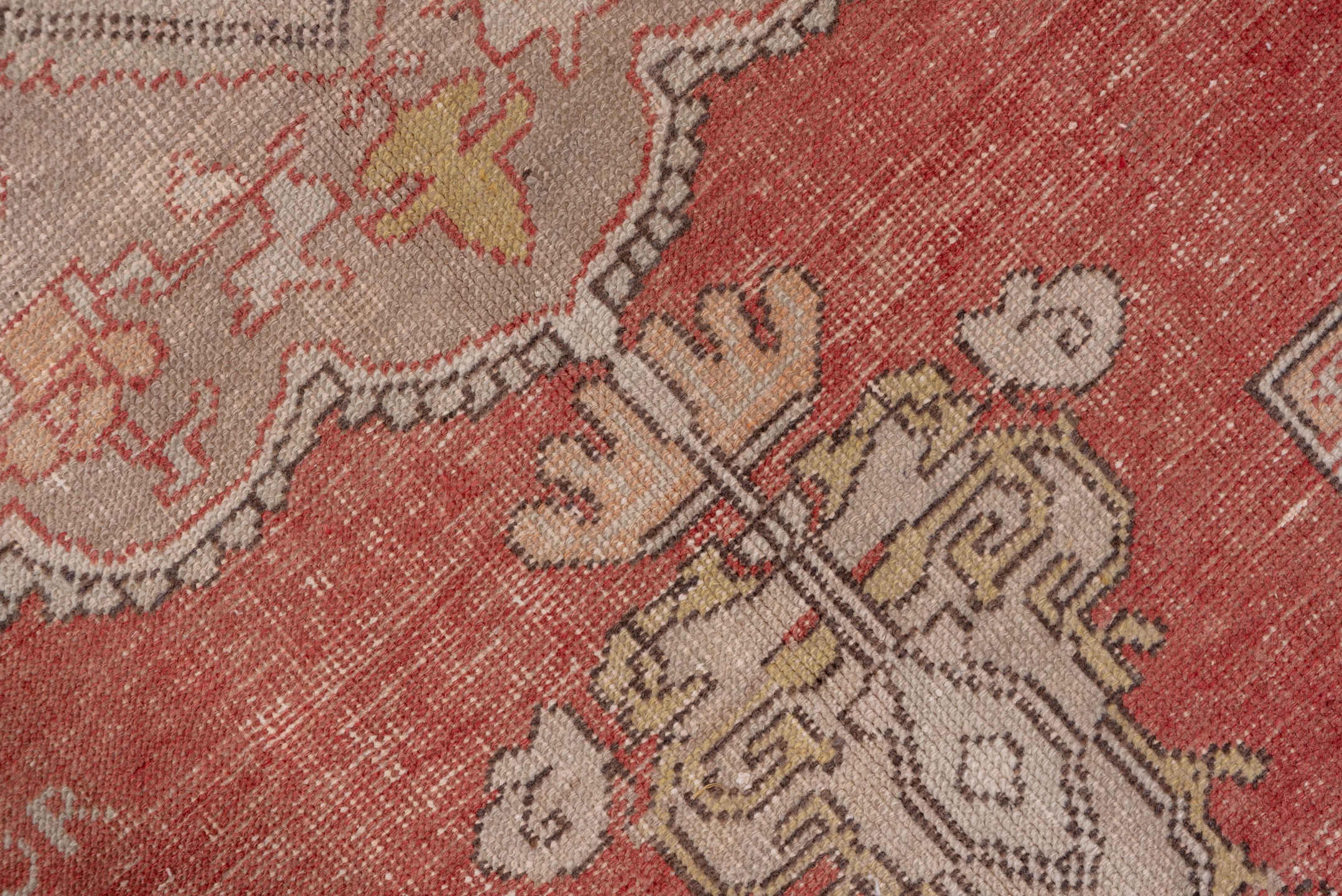 7' x 12' one-of-a-kind handmade antique Oushak large size rug. Color palette: rose, ivory, taupe, rust, terracotta, charcoal