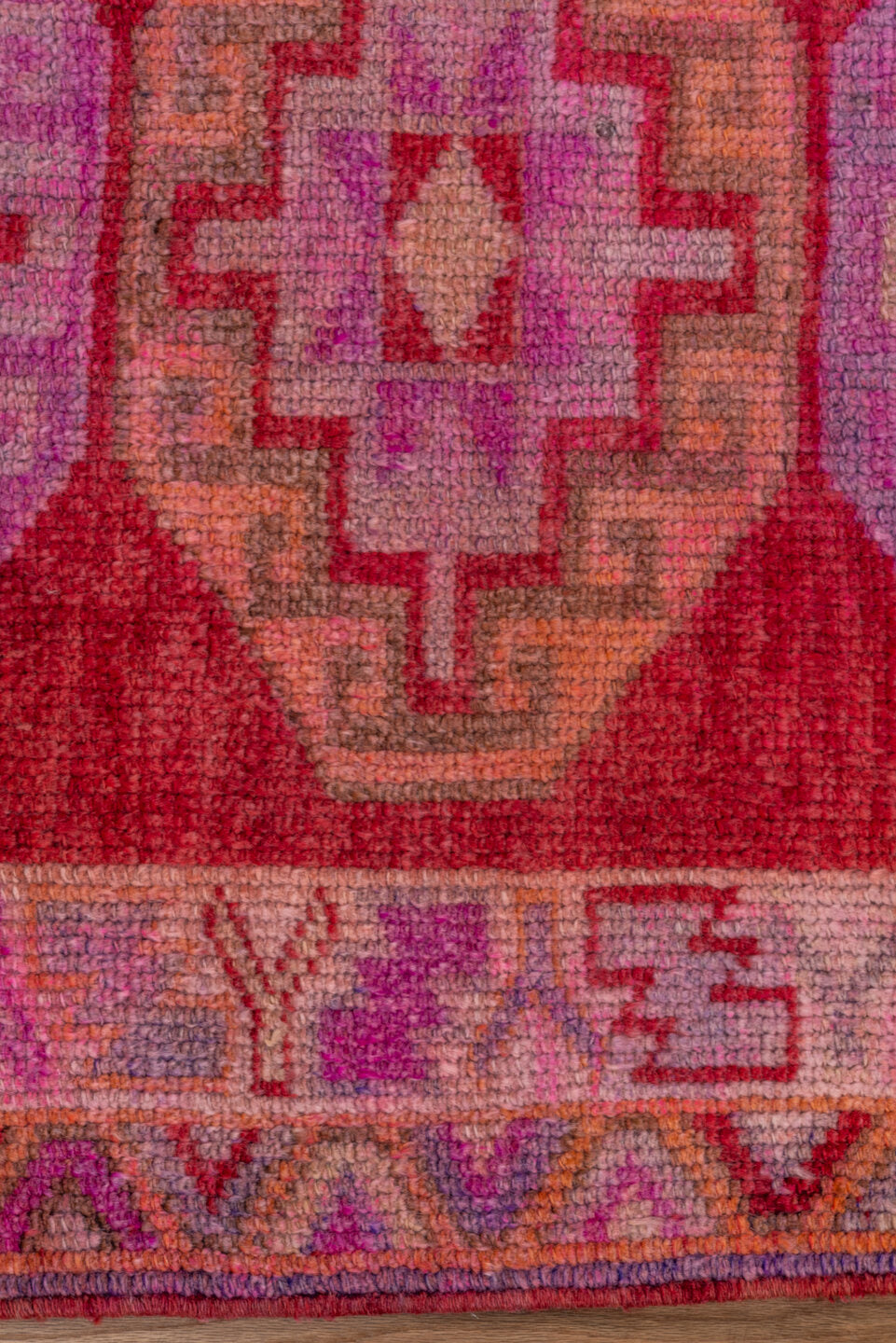 2' x 13' one-of-a-kind handmade vintage Oushak runner rug. Color palette: brown, off-white, pink, red, snow, white