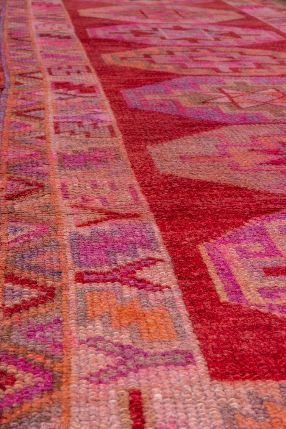 2' x 13' one-of-a-kind handmade vintage Oushak runner rug. Color palette: pink, rose, crimson, lavender, ivory, magenta