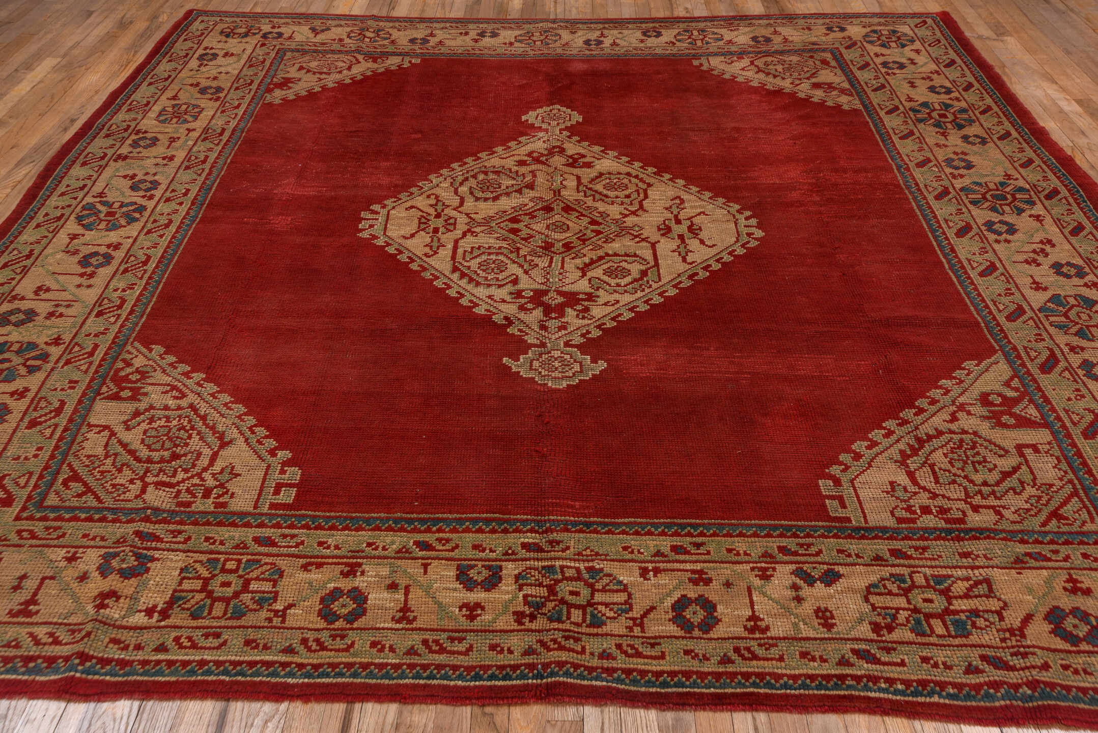 9' x 10' one-of-a-kind handmade antique Oushak large size rug. Color palette: red, ivory, blue, burgundy, rose, pink