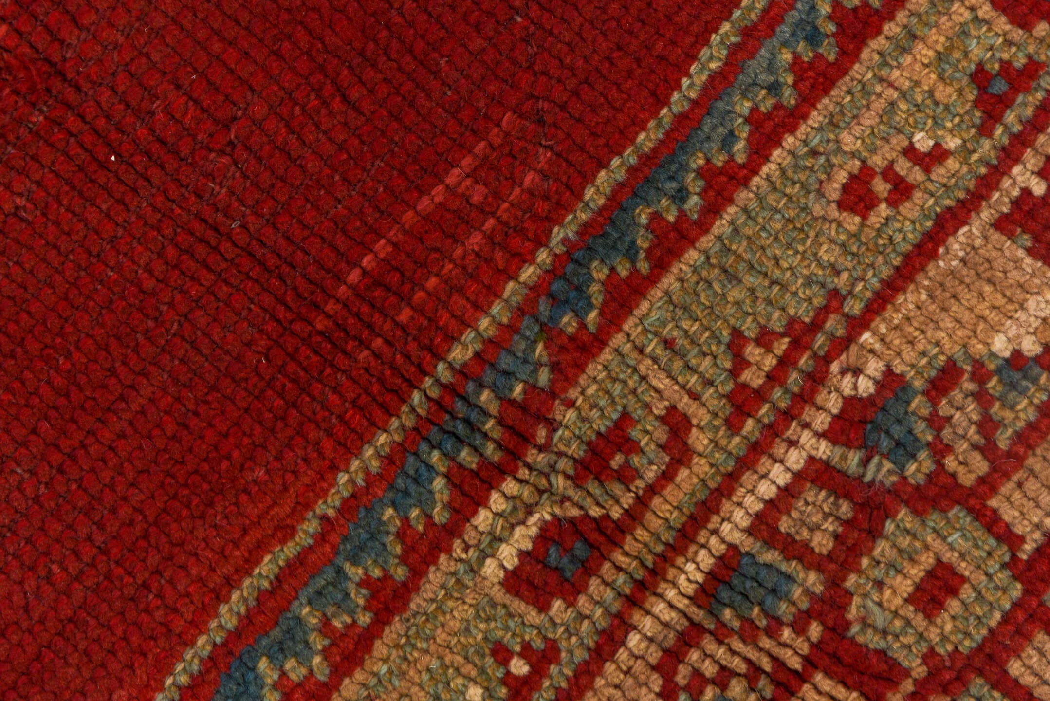 9' x 10' one-of-a-kind handmade antique Oushak large size rug. Color palette: red, ivory, blue, burgundy, rose, pink