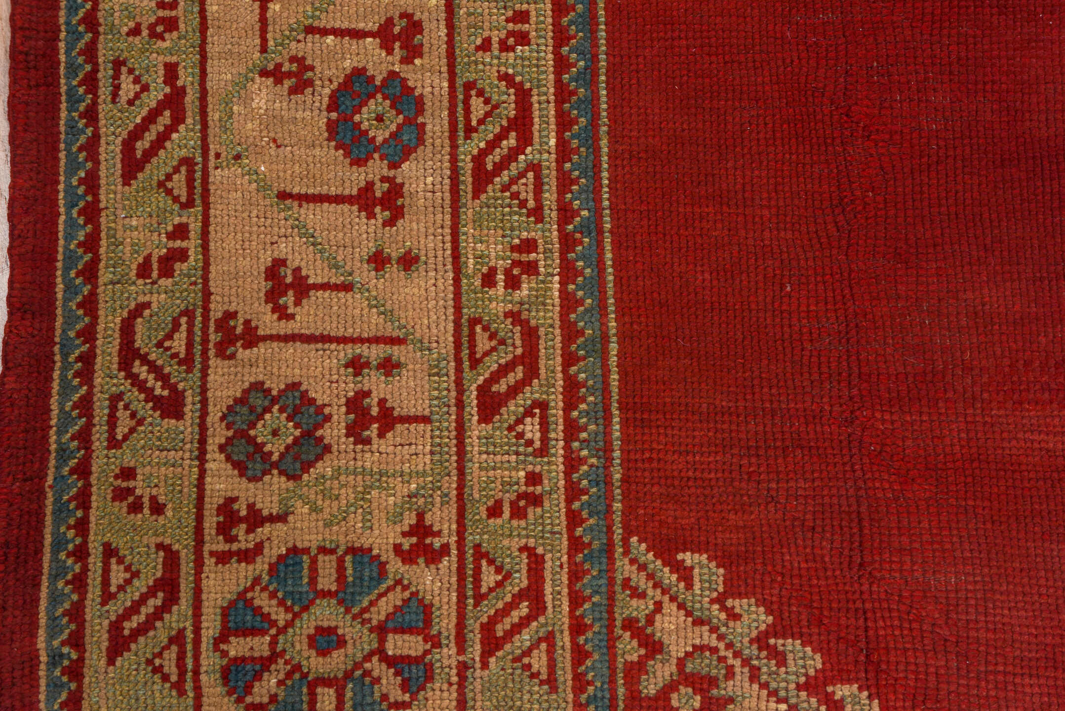 9' x 10' one-of-a-kind handmade antique Oushak large size rug. Color palette: red, ivory, blue, burgundy, rose, pink