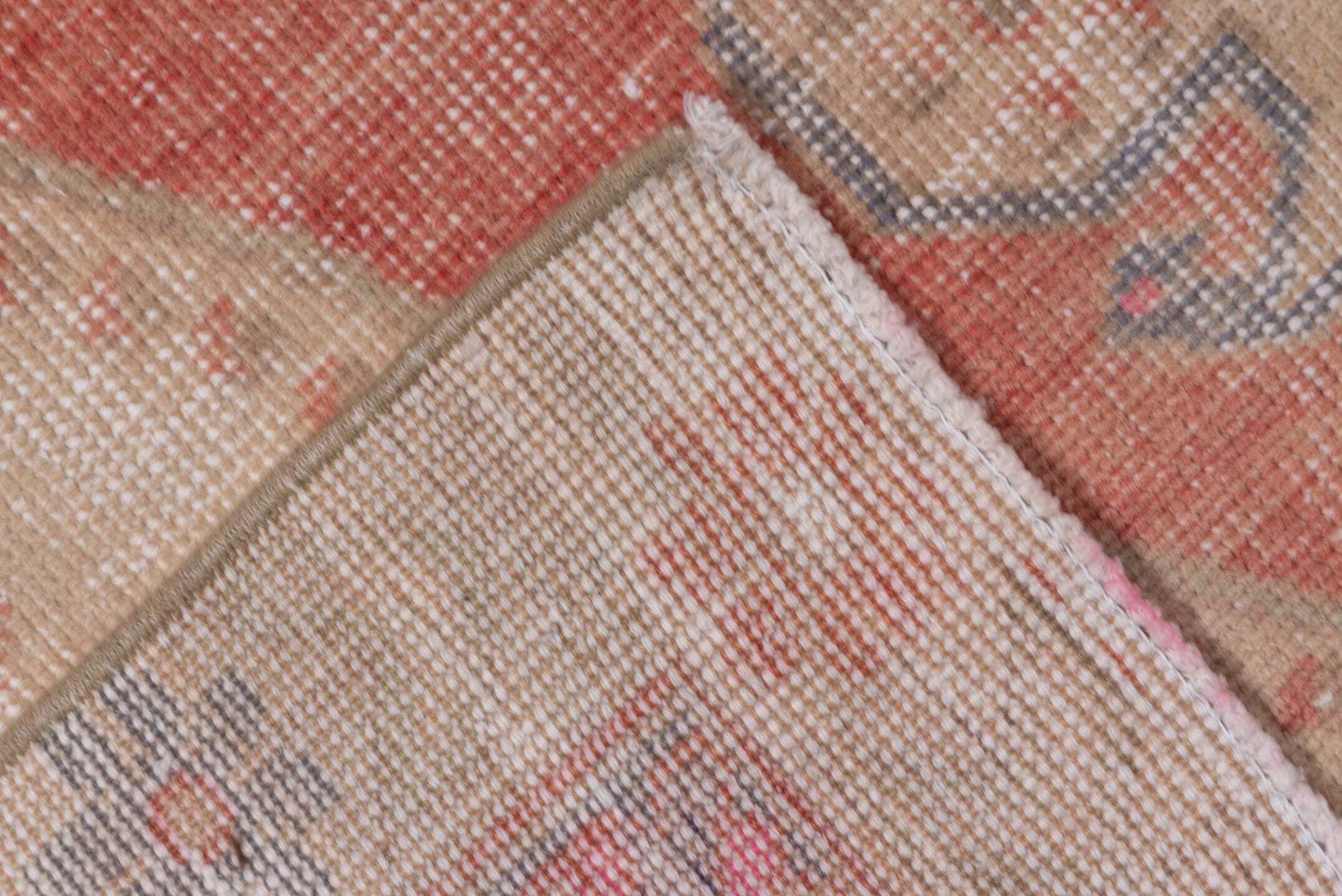 4' x 7' one-of-a-kind handmade vintage Oushak rug. Color palette: coral, ivory, beige, slate, taupe, rose, terracotta, gray