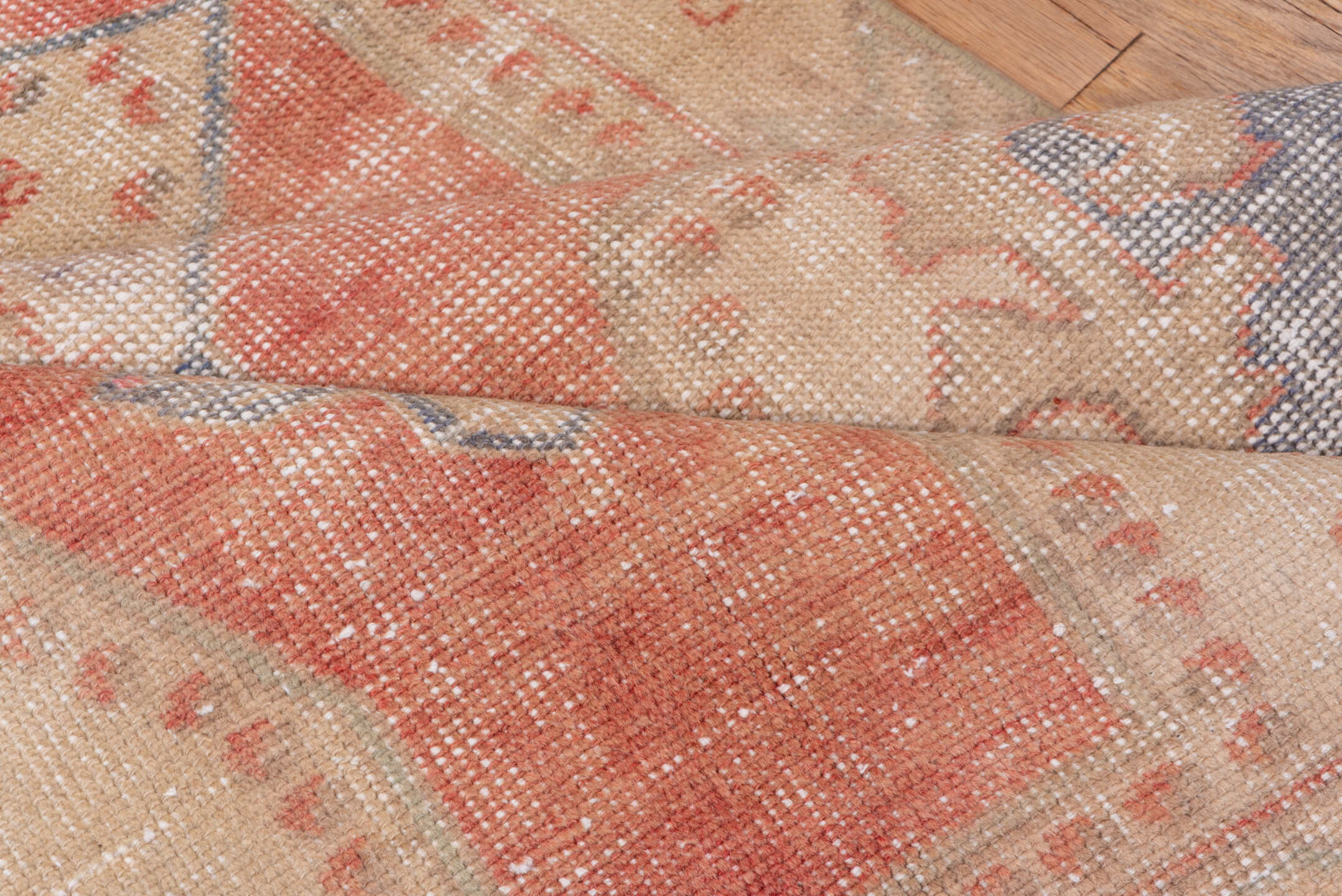 4' x 7' one-of-a-kind handmade vintage Oushak rug. Color palette: coral, ivory, beige, slate, taupe, rose, terracotta, gray