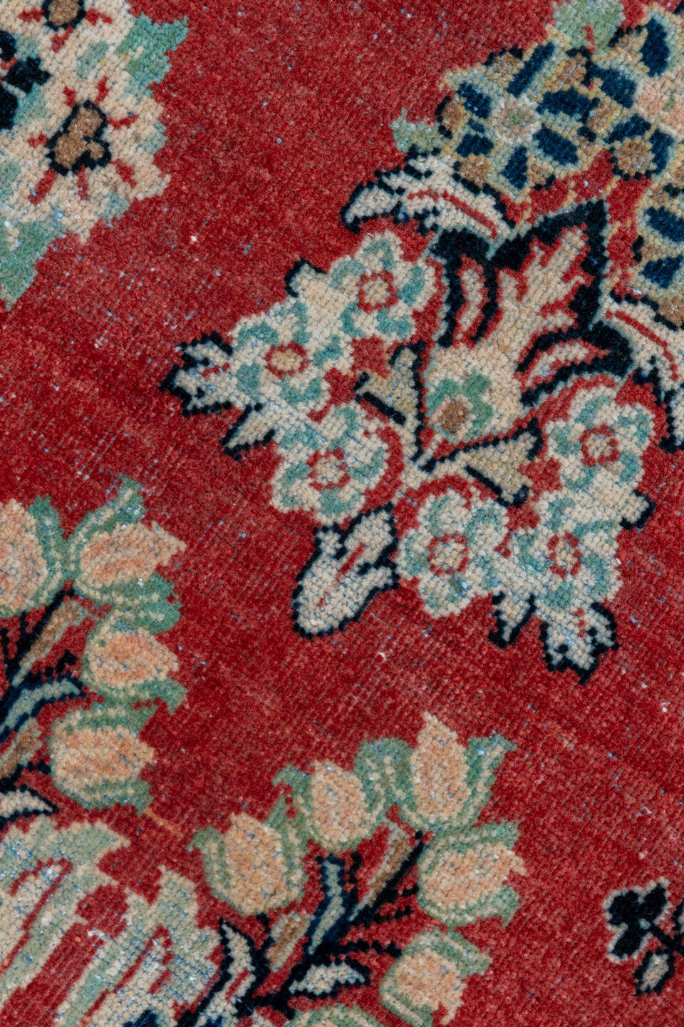2' x 13' one-of-a-kind handmade vintage Mahal runner rug. Color palette: coral, ivory, navy, slate, rose, charcoal