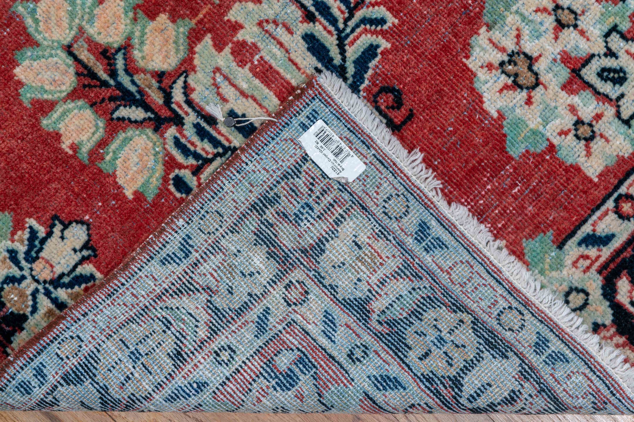 2' x 13' one-of-a-kind handmade vintage Mahal runner rug. Color palette: blue, brown, dim gray, gray, pink, red