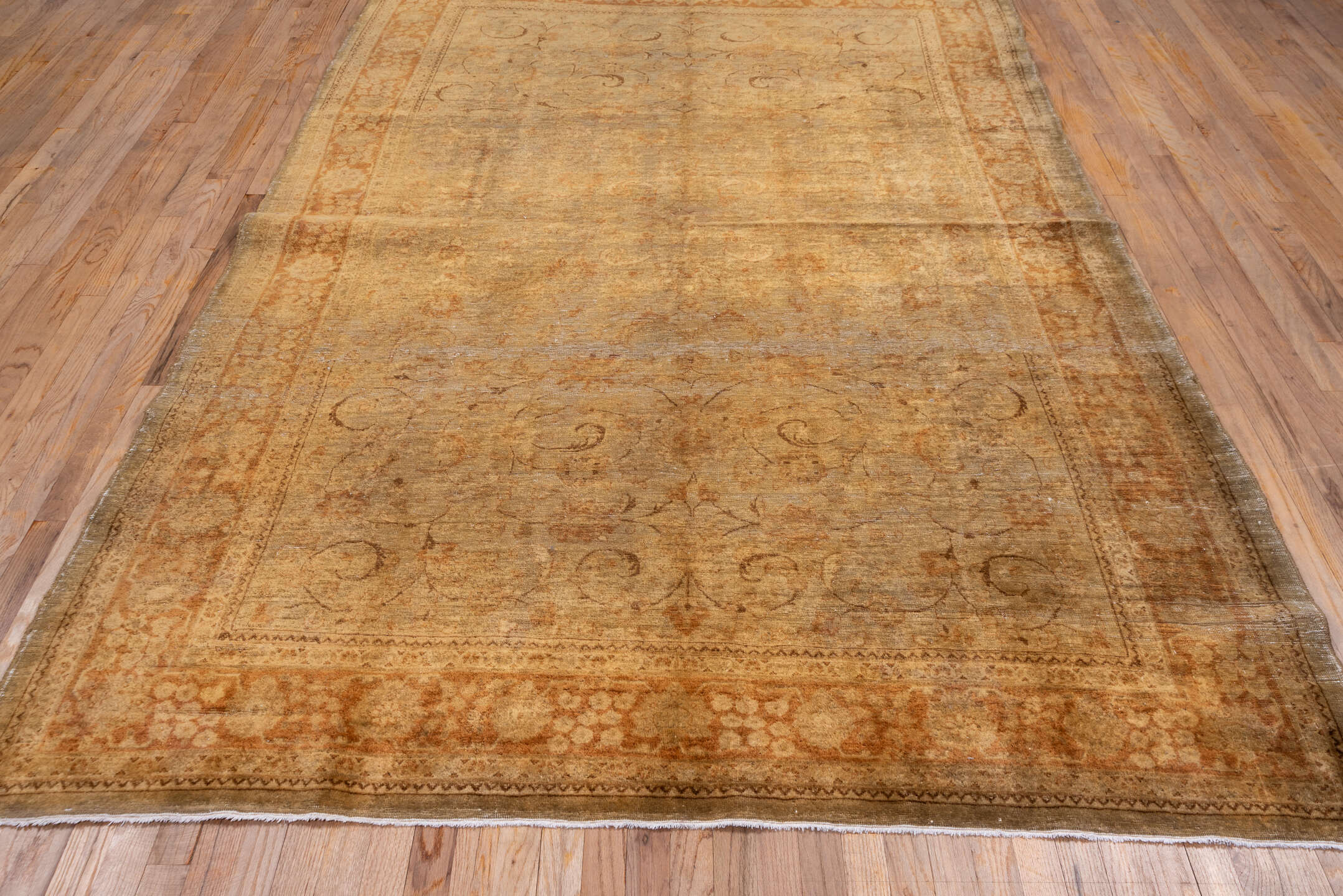 6' x 9' one-of-a-kind handmade vintage Sivas medium size rug. Color palette: brown, burlywood, light gray, off-white, orange