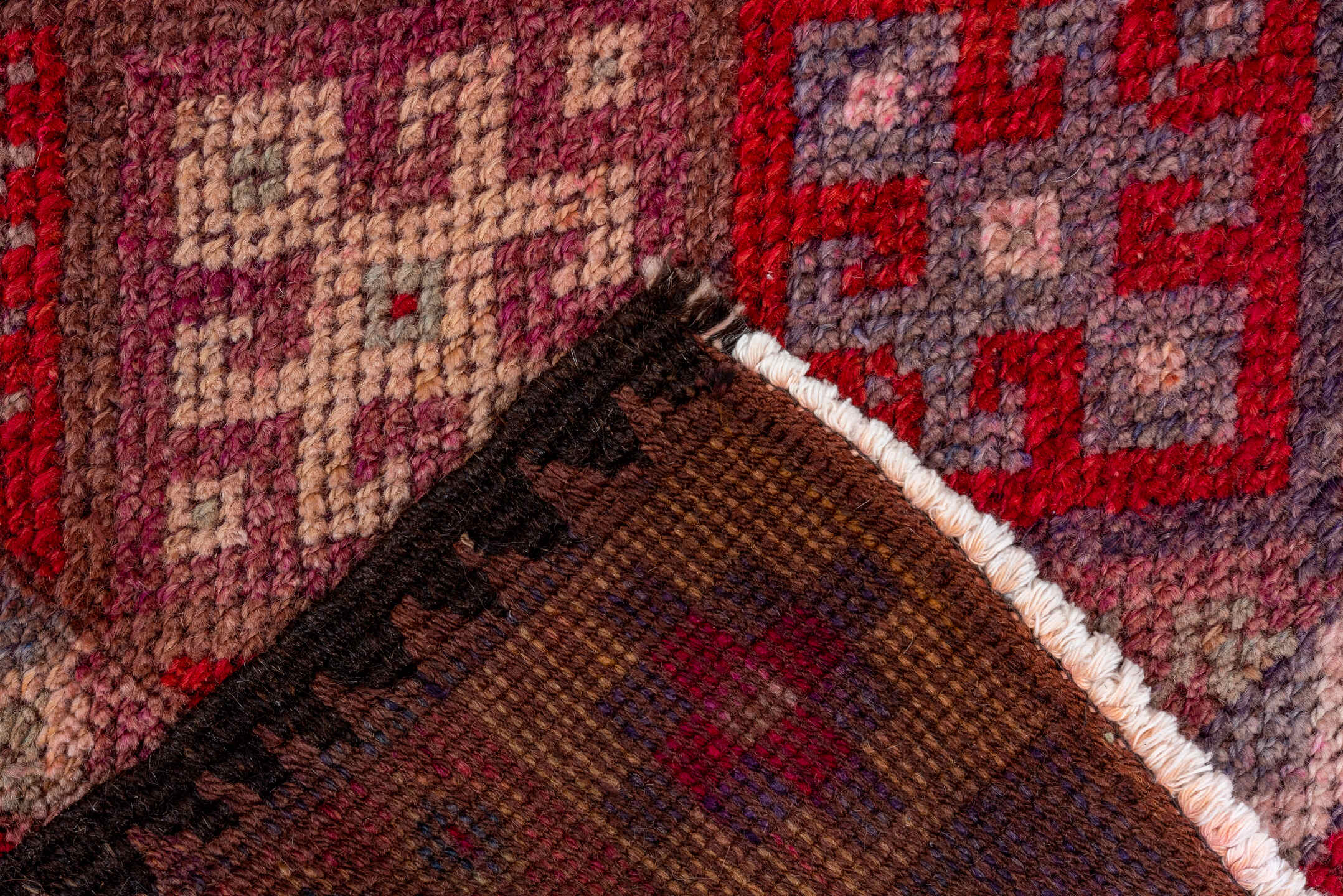 2' x 11' one-of-a-kind handmade vintage Oushak runner rug. Color palette: black, brown, burgundy, gray, pink, red