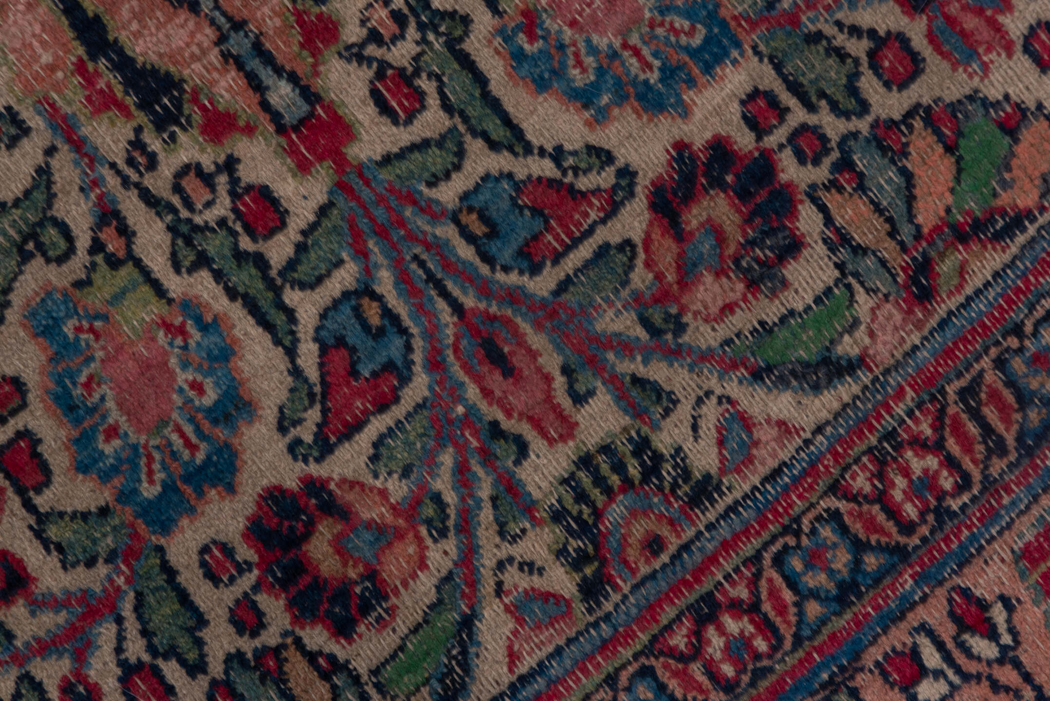 7' x 10' one-of-a-kind handmade vintage Khorassan large size rug. Color palette: black, blue, brown, charcoal, gray, pink