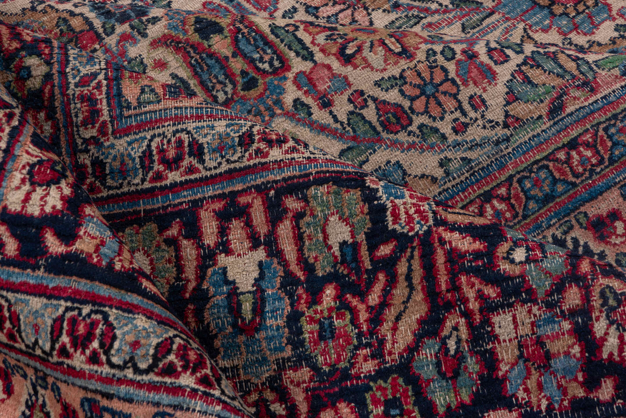 7' x 10' one-of-a-kind handmade vintage Khorassan large size rug. Color palette: black, blue, brown, charcoal, gray, pink