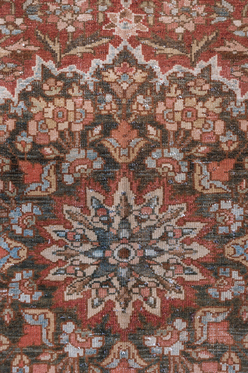 4' x 6' one-of-a-kind handmade vintage Baktiary small size rug. Color palette: rust, taupe, ivory, sky blue, brown, rose
