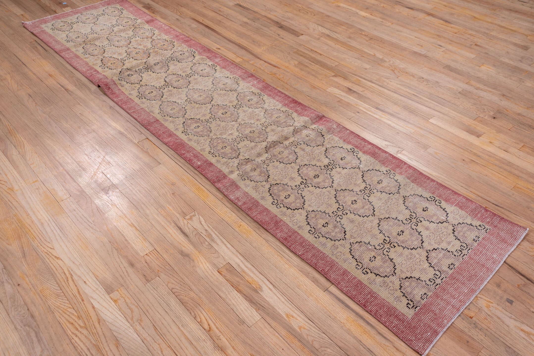 2' x 10' one-of-a-kind handmade vintage Oushak runner rug. Color palette: rose, beige, taupe, dusty mauve, brown, pink, red