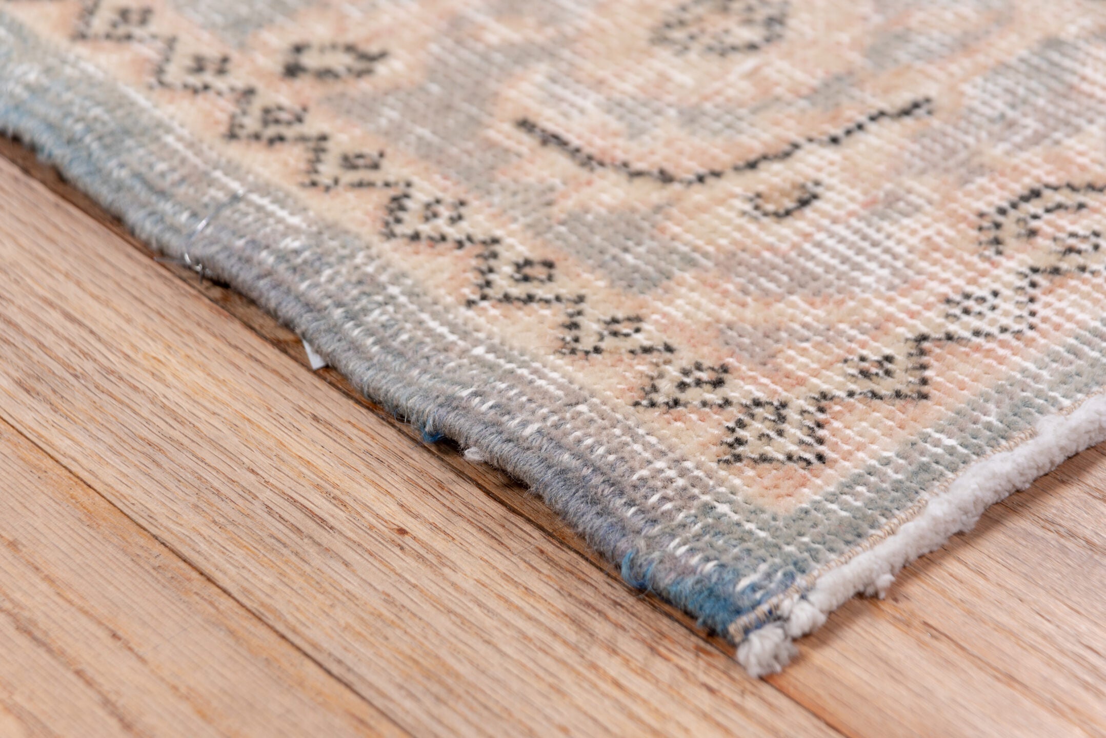 5' x 9' one-of-a-kind handmade antique Oushak medium size rug. Color palette: pale blue, ivory, taupe, beige, soft gray
