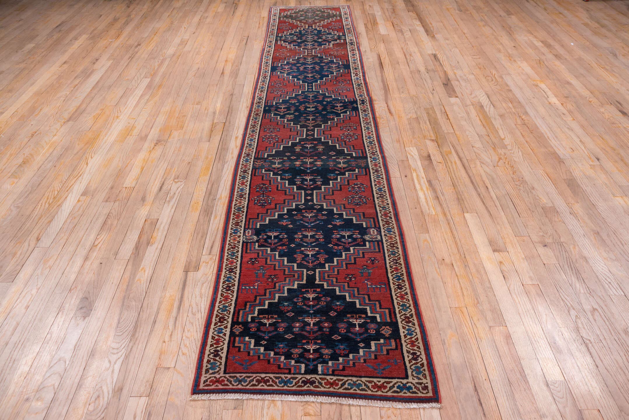 2' x 12' one-of-a-kind handmade antique Malayer runner rug. Color palette: rust, navy, ivory, camel, slate, rose, terracotta