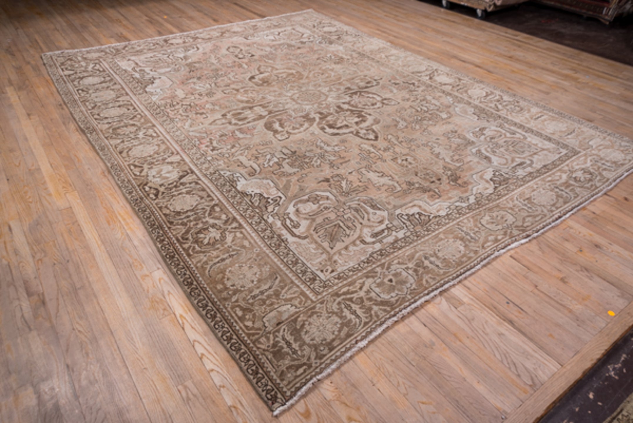 9' x 12' one-of-a-kind handmade vintage Heriz large size rug. Color palette: taupe, blush, brown, ivory, beige, gray, pink