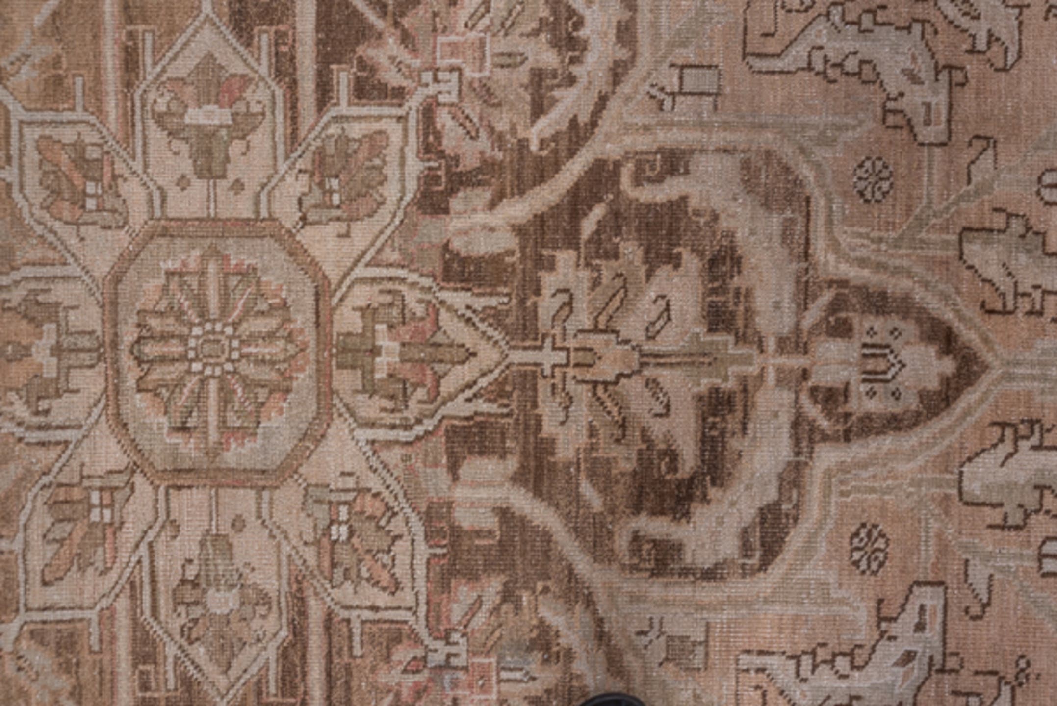 9' x 12' one-of-a-kind handmade vintage Heriz large size rug. Color palette: taupe, blush, brown, ivory, beige, gray, pink