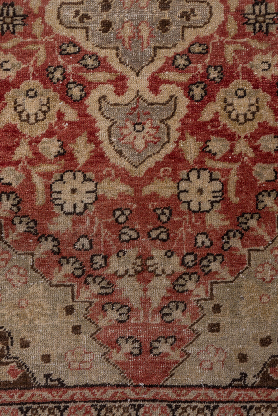 4' x 5' one-of-a-kind handmade vintage Oushak small size rug. Color palette: ivory, terracotta, brown, rose, charcoal, taupe