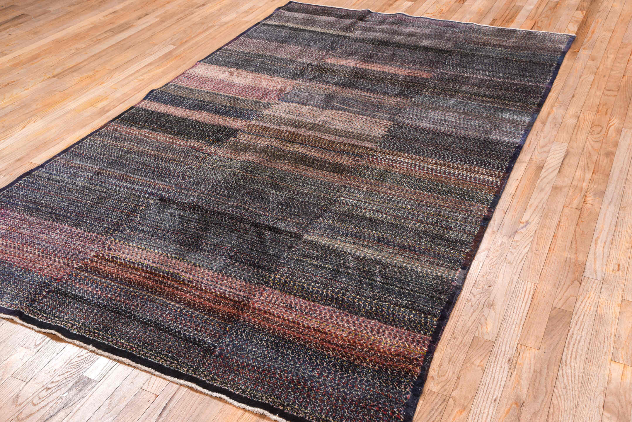 5' x 9' one-of-a-kind handmade vintage Kars medium size rug. Color palette: blue, dark gray, gray, light gray, off-white