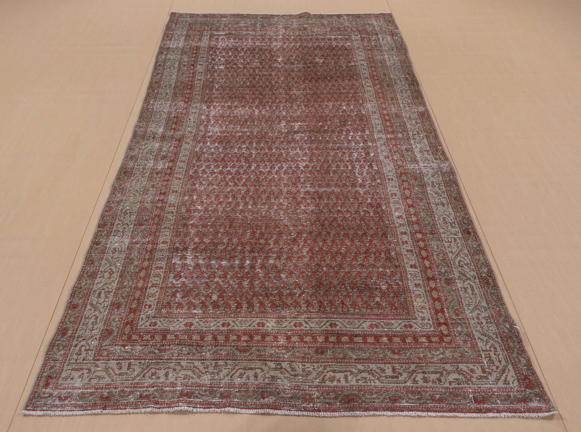 4' x 9' one-of-a-kind handmade vintage Malayer runner rug. Color palette: rust, ivory, taupe, sage, terra cotta, terracotta