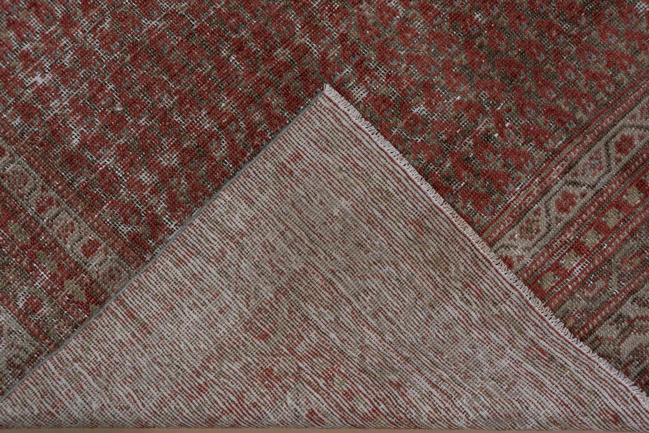 4' x 9' one-of-a-kind handmade vintage Malayer runner rug. Color palette: rust, ivory, taupe, sage, terra cotta, terracotta