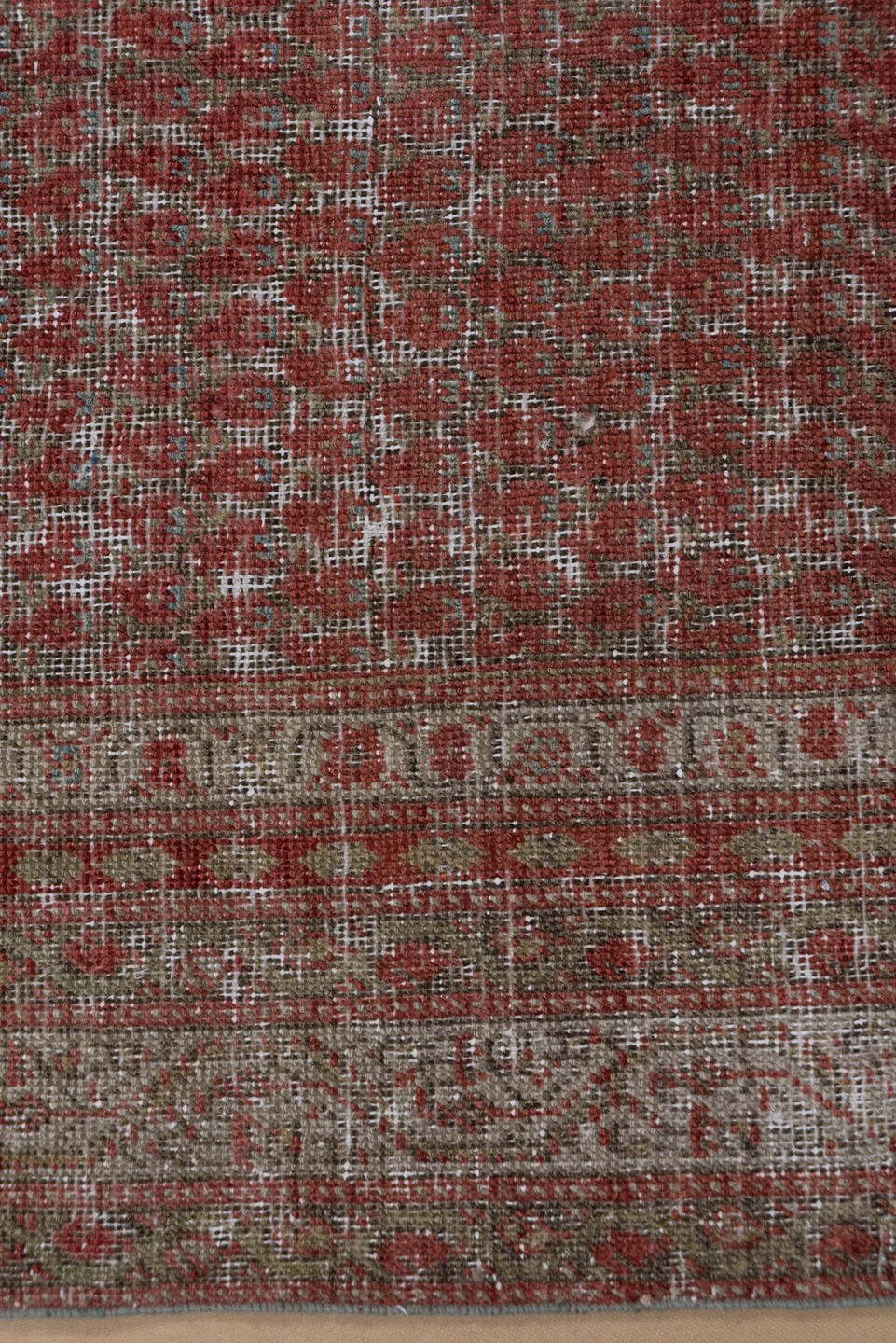 4' x 9' one-of-a-kind handmade vintage Malayer runner rug. Color palette: rust, ivory, taupe, sage, terra cotta, terracotta