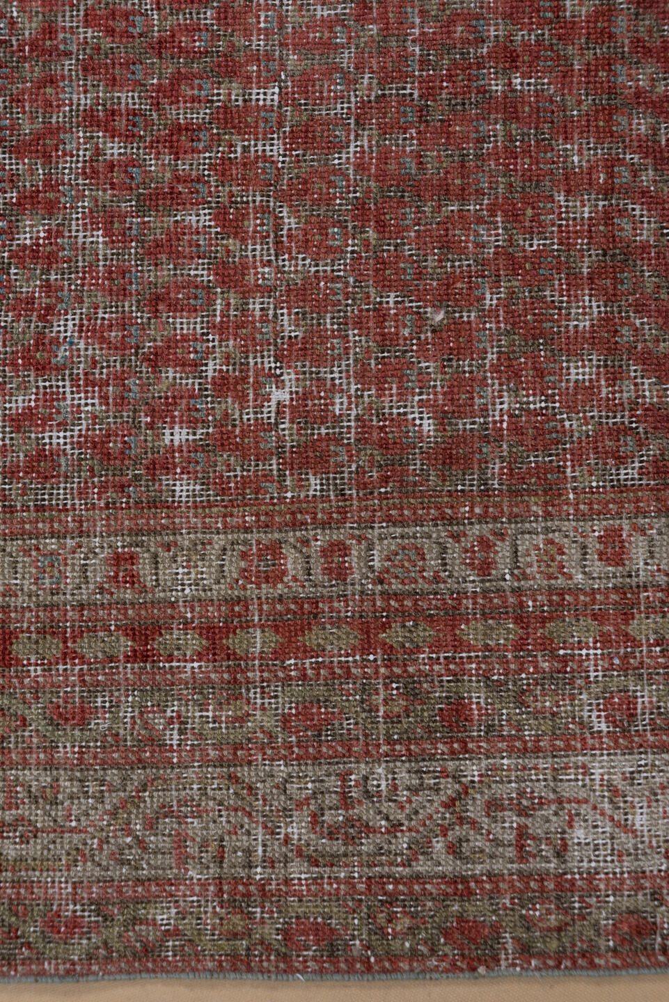 4' x 9' one-of-a-kind handmade vintage Malayer runner rug. Color palette: rust, ivory, taupe, sage, terra cotta, terracotta