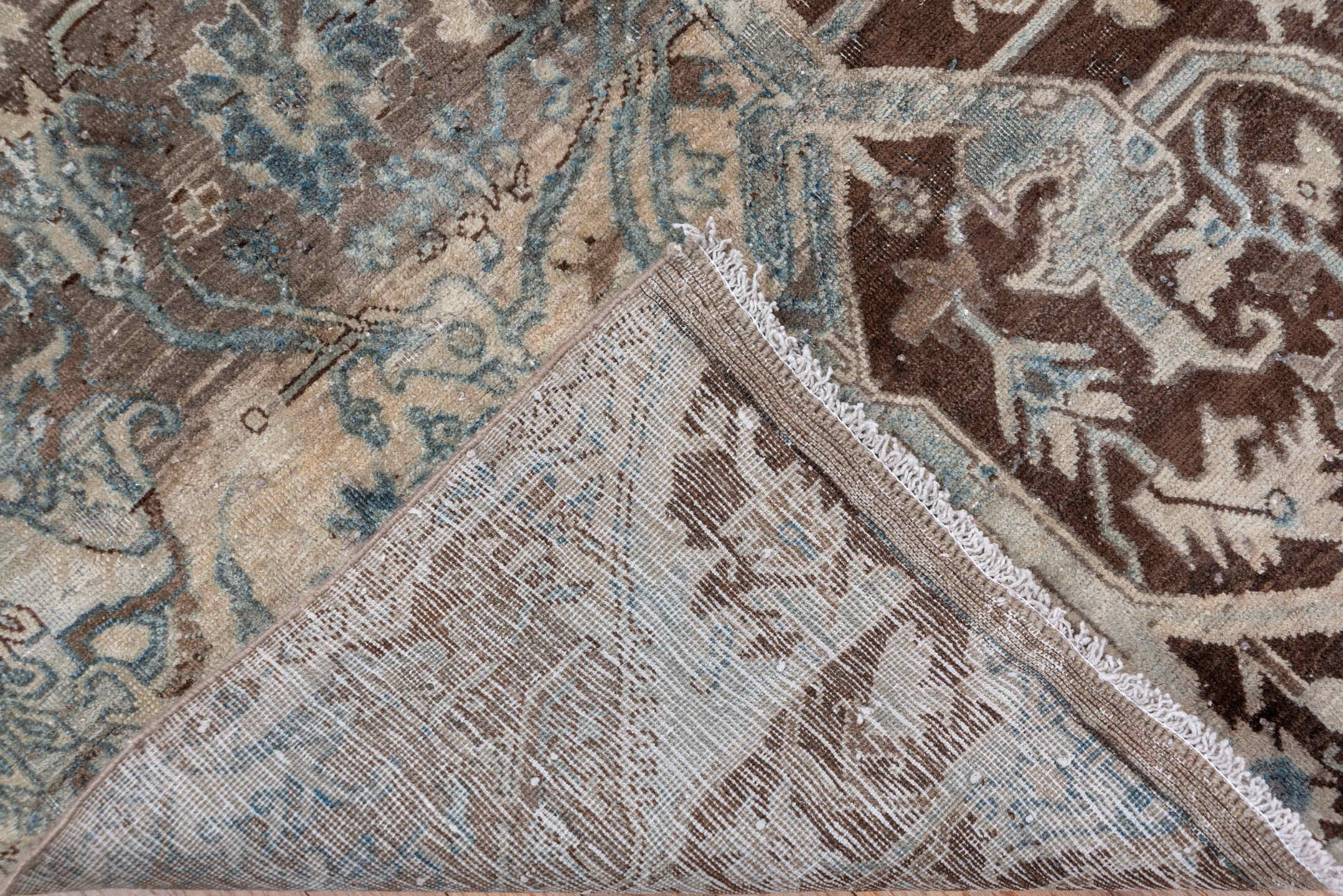 4' x 7' one-of-a-kind handmade vintage Tabriz rug. Color palette: taupe, brown, ivory, charcoal, pale_blue, slate, camel