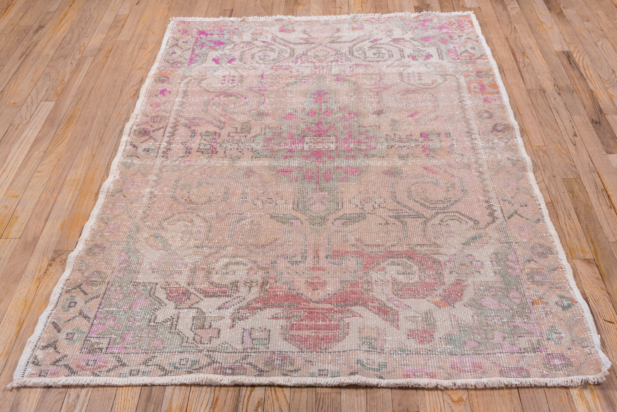 4' x 6' one-of-a-kind handmade vintage Oushak small size rug. Color palette: blush, ivory, pink, taupe, sage, apricot, rose