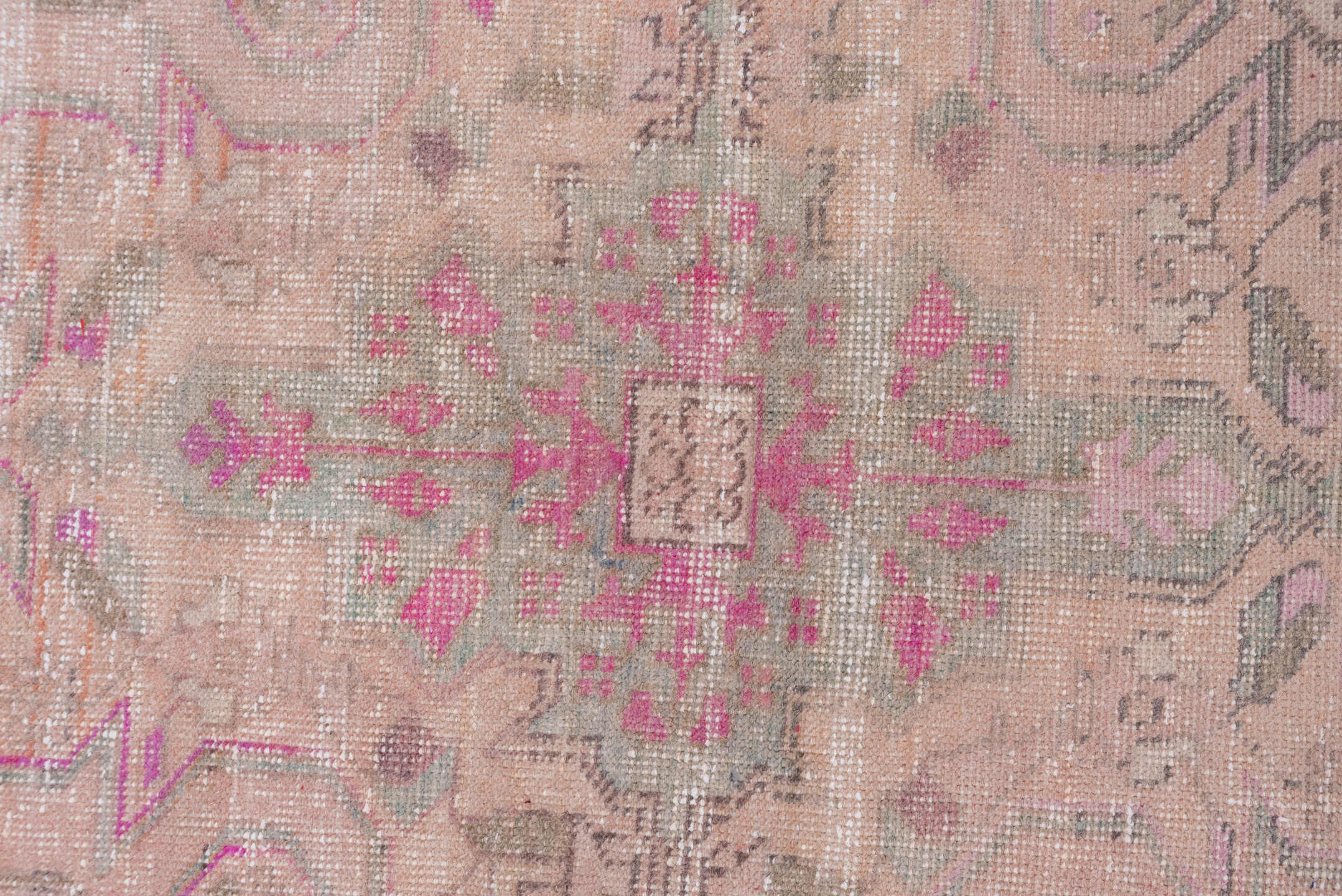 4' x 6' one-of-a-kind handmade vintage Oushak small size rug. Color palette: blush, ivory, pink, taupe, sage, apricot, rose