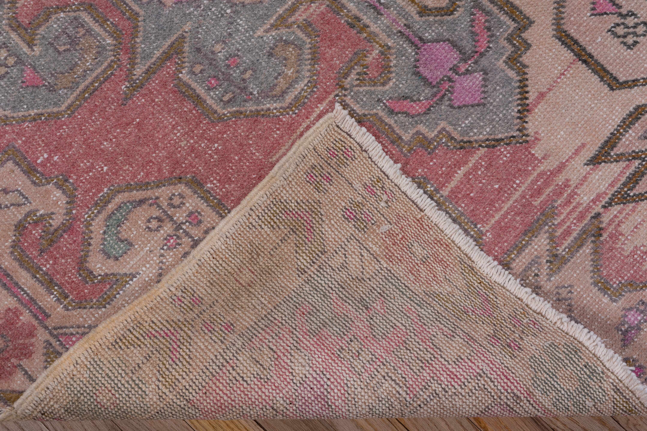 4' x 7' one-of-a-kind handmade vintage Oushak rug. Color palette: blush, ivory, dusty rose, pale blue, taupe, pink, sage