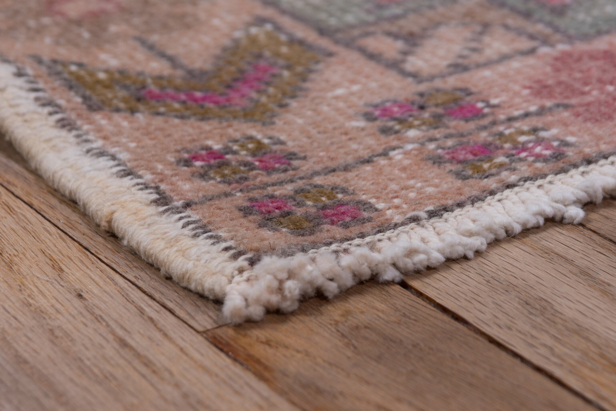 4' x 7' one-of-a-kind handmade vintage Oushak rug. Color palette: blush, ivory, dusty rose, pale blue, taupe, pink, sage