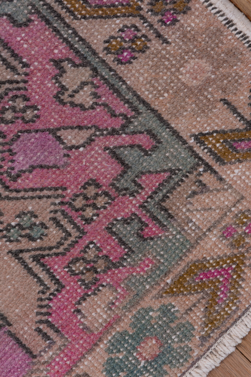 4' x 7' one-of-a-kind handmade vintage Oushak rug. Color palette: blush, ivory, dusty rose, pale blue, taupe, pink, sage