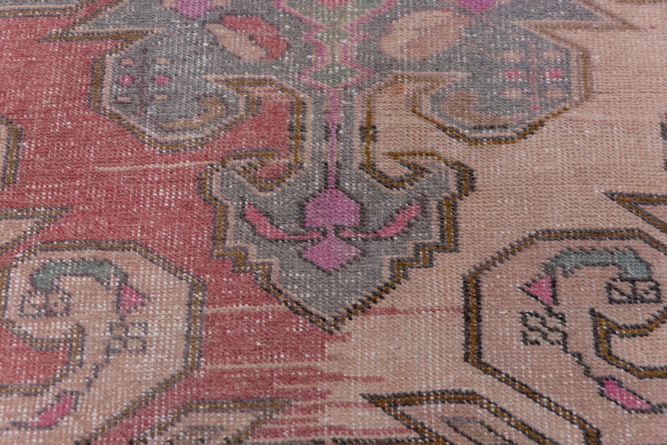 4' x 7' one-of-a-kind handmade vintage Oushak rug. Color palette: blush, ivory, dusty rose, pale blue, taupe, pink, sage