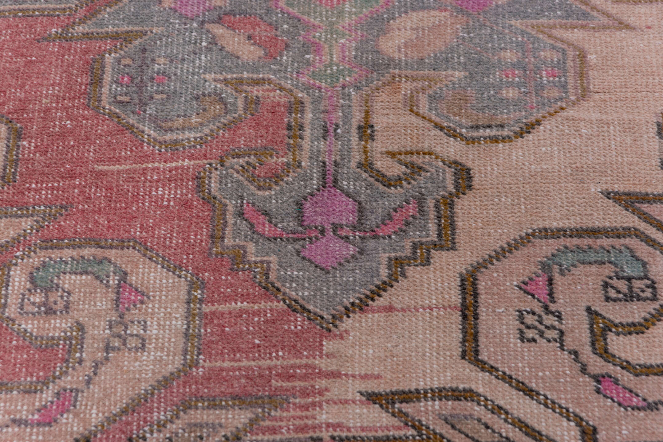 4' x 7' one-of-a-kind handmade vintage Oushak rug. Color palette: blush, ivory, dusty rose, pale blue, taupe, pink, sage