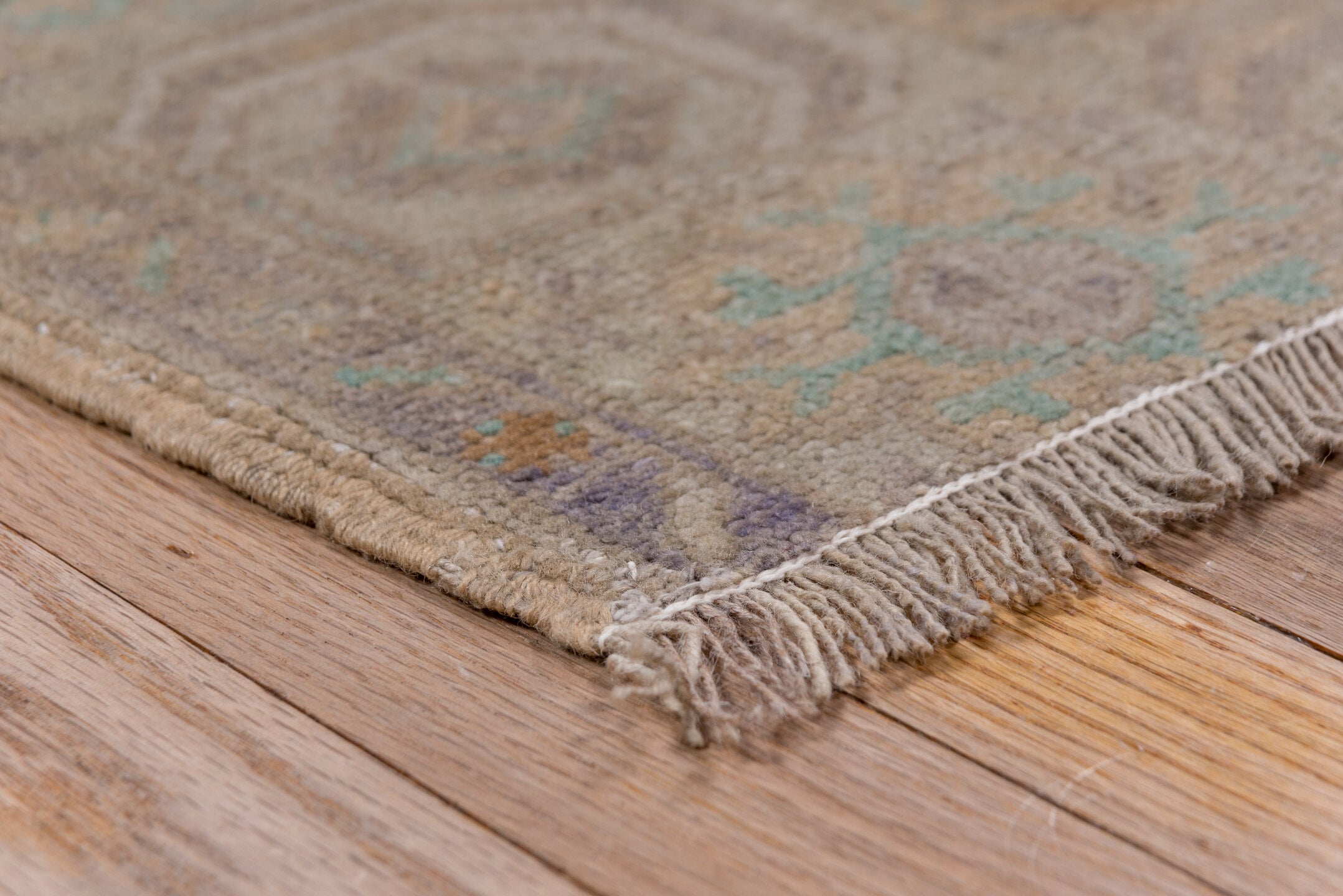 3' x 6' one-of-a-kind handmade vintage Oushak small size rug. Color palette: tan, taupe, beige, ivory, pale aqua, camel