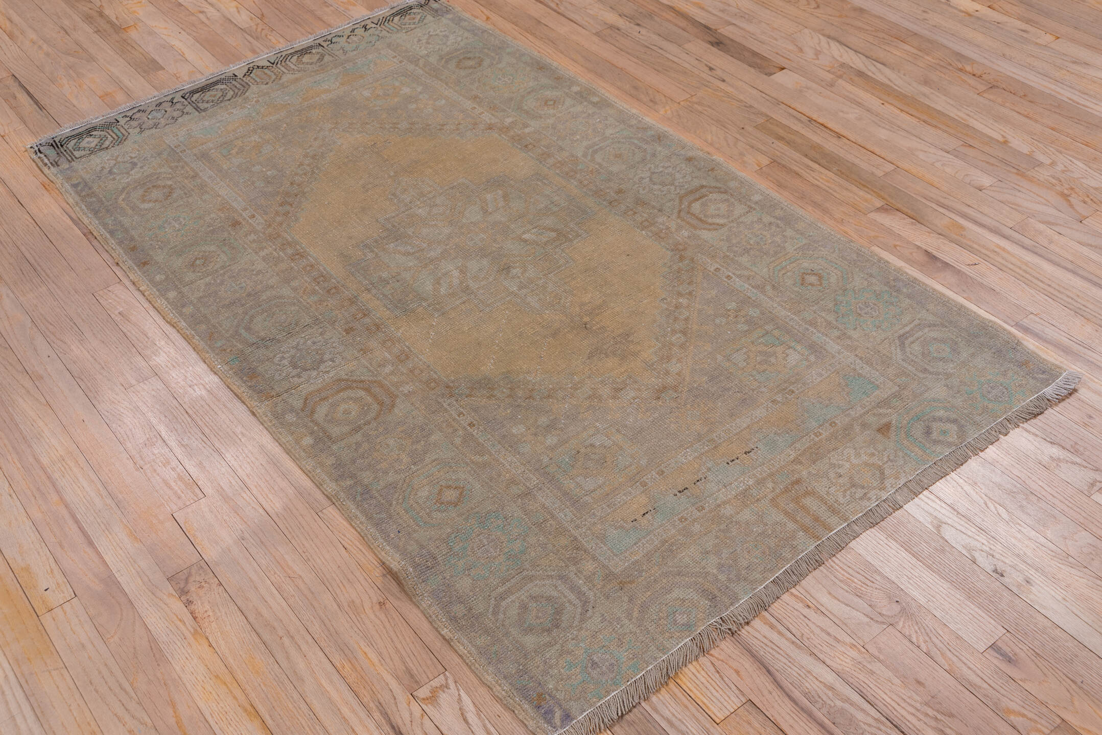 3' x 6' one-of-a-kind handmade vintage Oushak small size rug. Color palette: tan, taupe, beige, ivory, pale aqua, camel