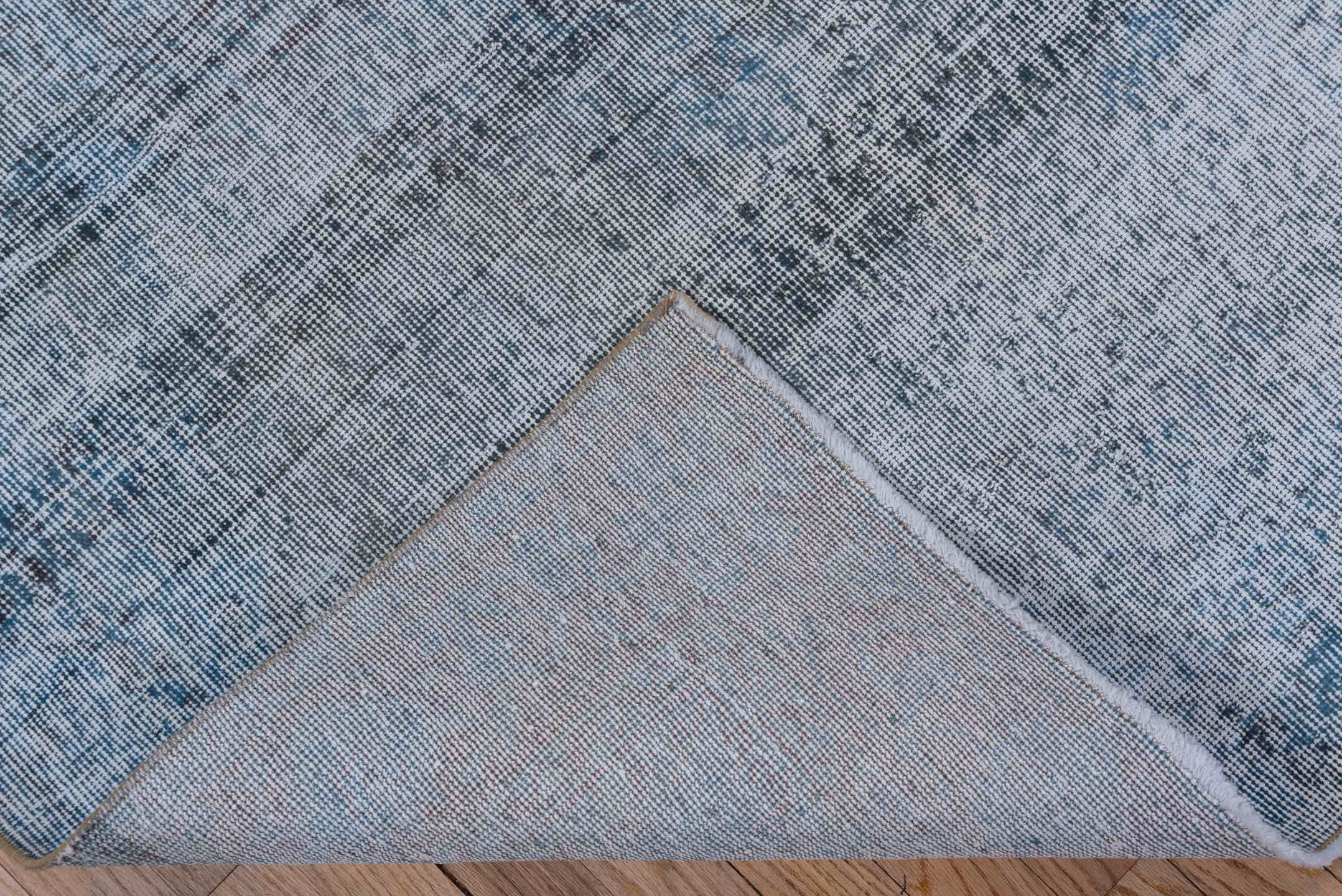 4' x 6' one-of-a-kind handmade vintage Overdyed small size rug. Color palette: pale blue, charcoal, slate, ivory, light blue