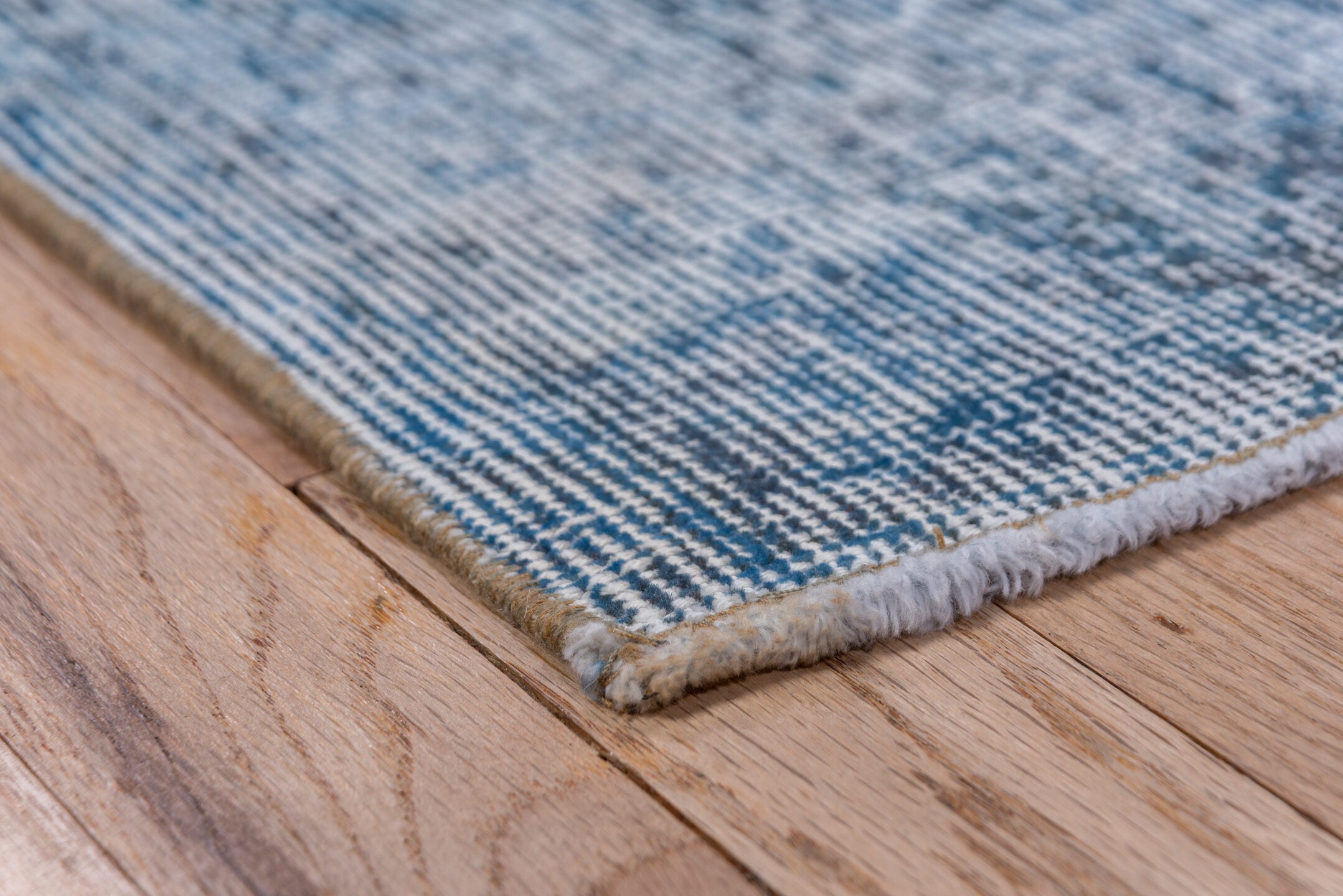 4' x 6' one-of-a-kind handmade vintage Overdyed small size rug. Color palette: blue, fiord, gray, light blue, light gray