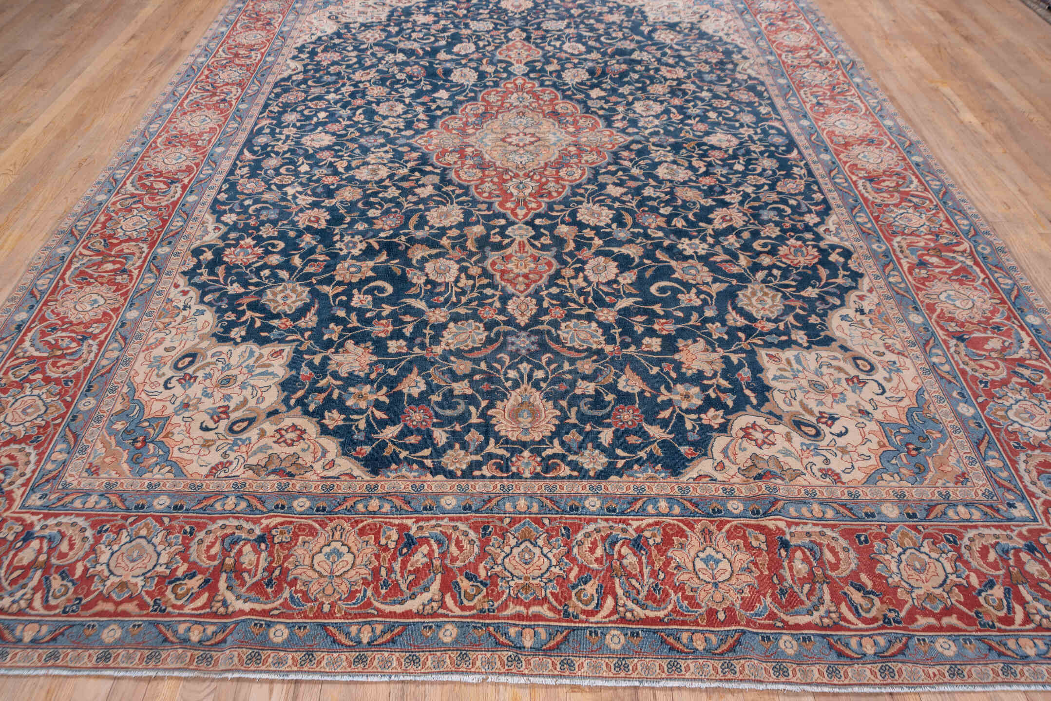 8' x 11' one-of-a-kind handmade vintage Kashan large size rug. Color palette: blue, brown, fiord, gray, light slate gray