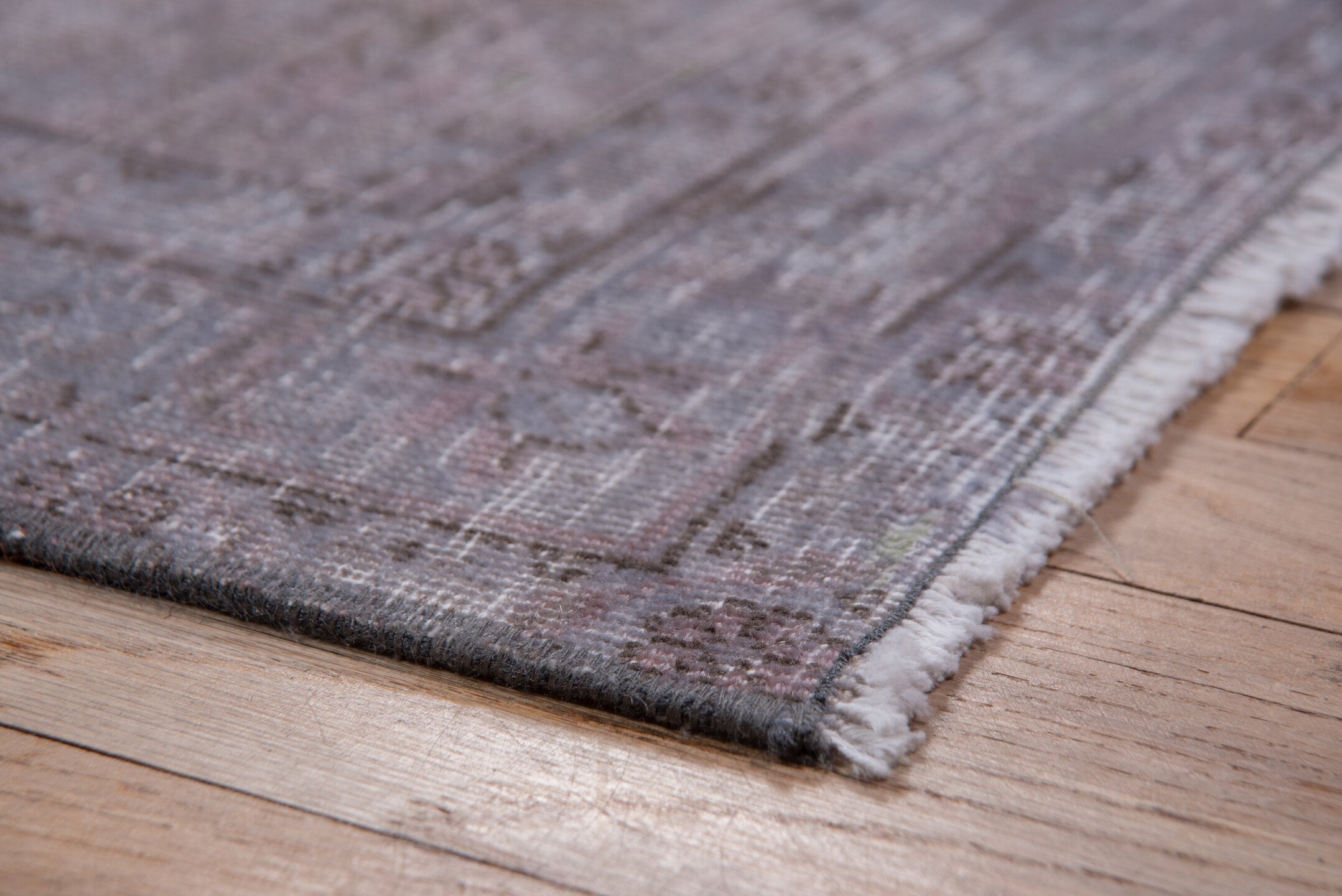 9' x 12' one-of-a-kind handmade vintage Overdyed large size rug. Color palette: gray, light blue, light gray, pink