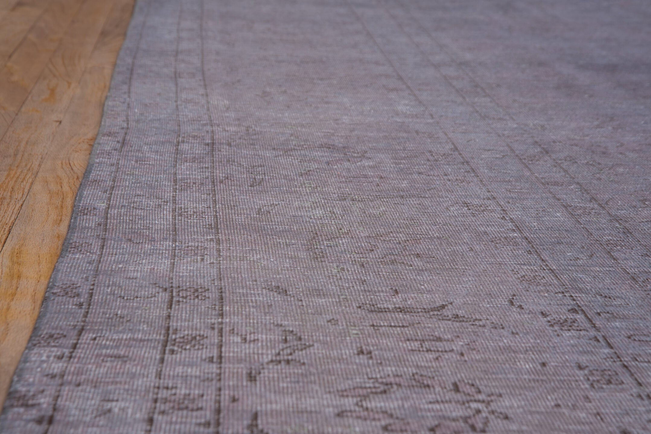 9' x 12' one-of-a-kind handmade vintage Overdyed large size rug. Color palette: lavender, rose, mauve, dusty pink, taupe