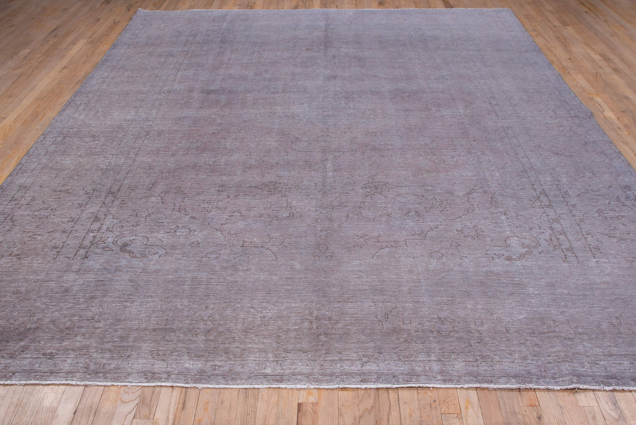 9' x 12' one-of-a-kind handmade vintage Overdyed large size rug. Color palette: gray, light blue, light gray, pink