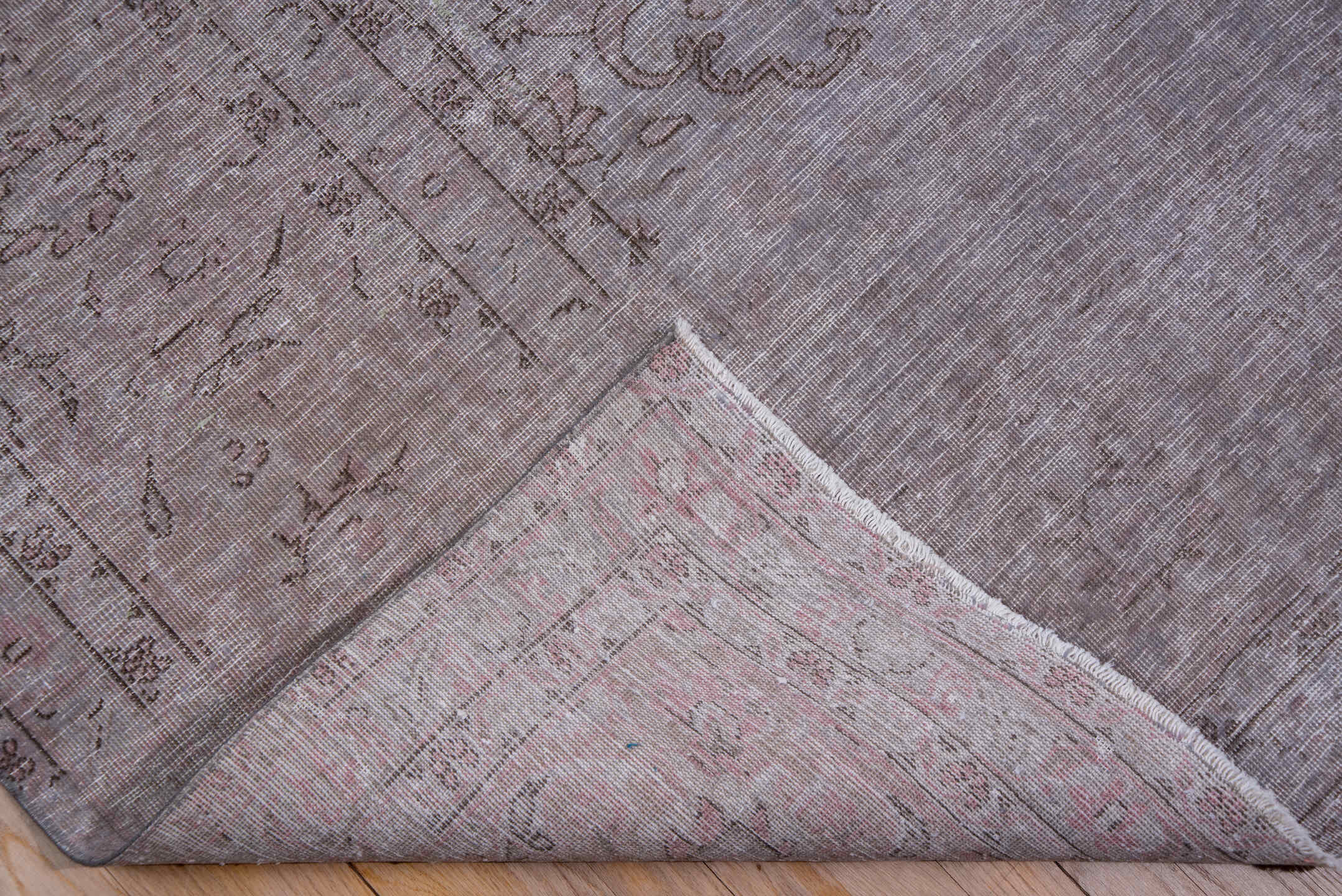 9' x 12' one-of-a-kind handmade vintage Overdyed large size rug. Color palette: gray, light blue, light gray, pink