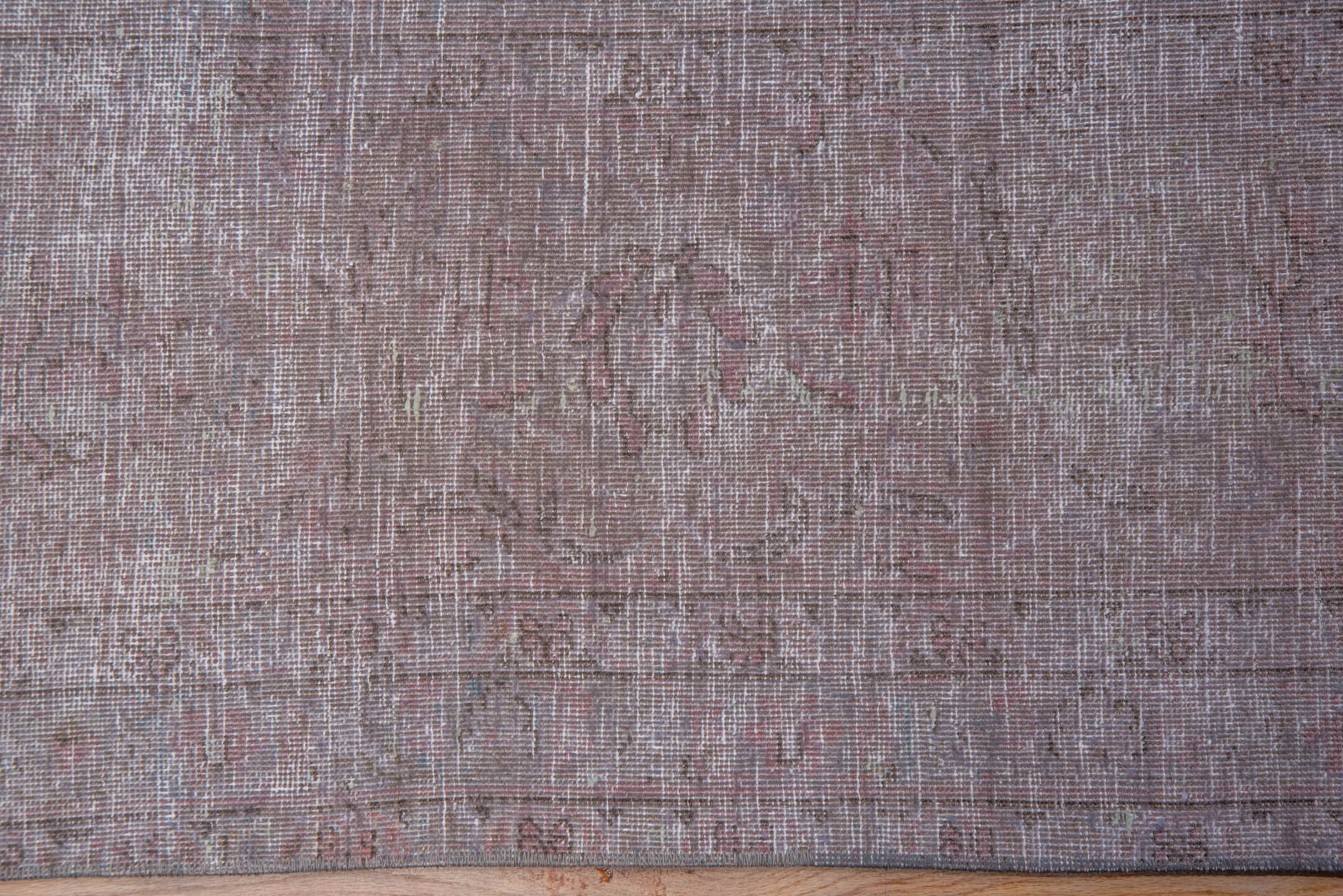 9' x 12' one-of-a-kind handmade vintage Overdyed large size rug. Color palette: gray, light blue, light gray, pink