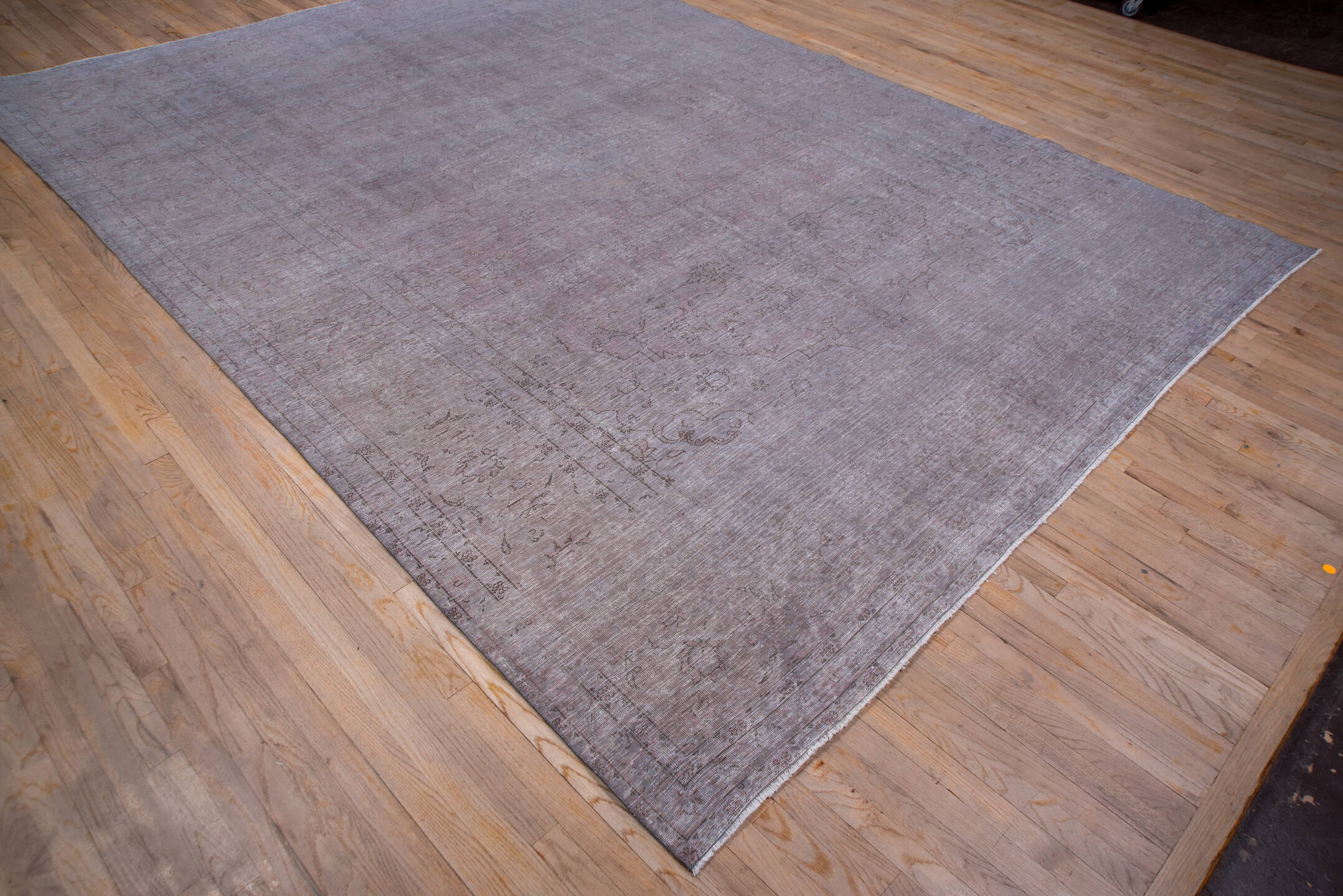 9' x 12' one-of-a-kind handmade vintage Overdyed large size rug. Color palette: gray, light blue, light gray, pink