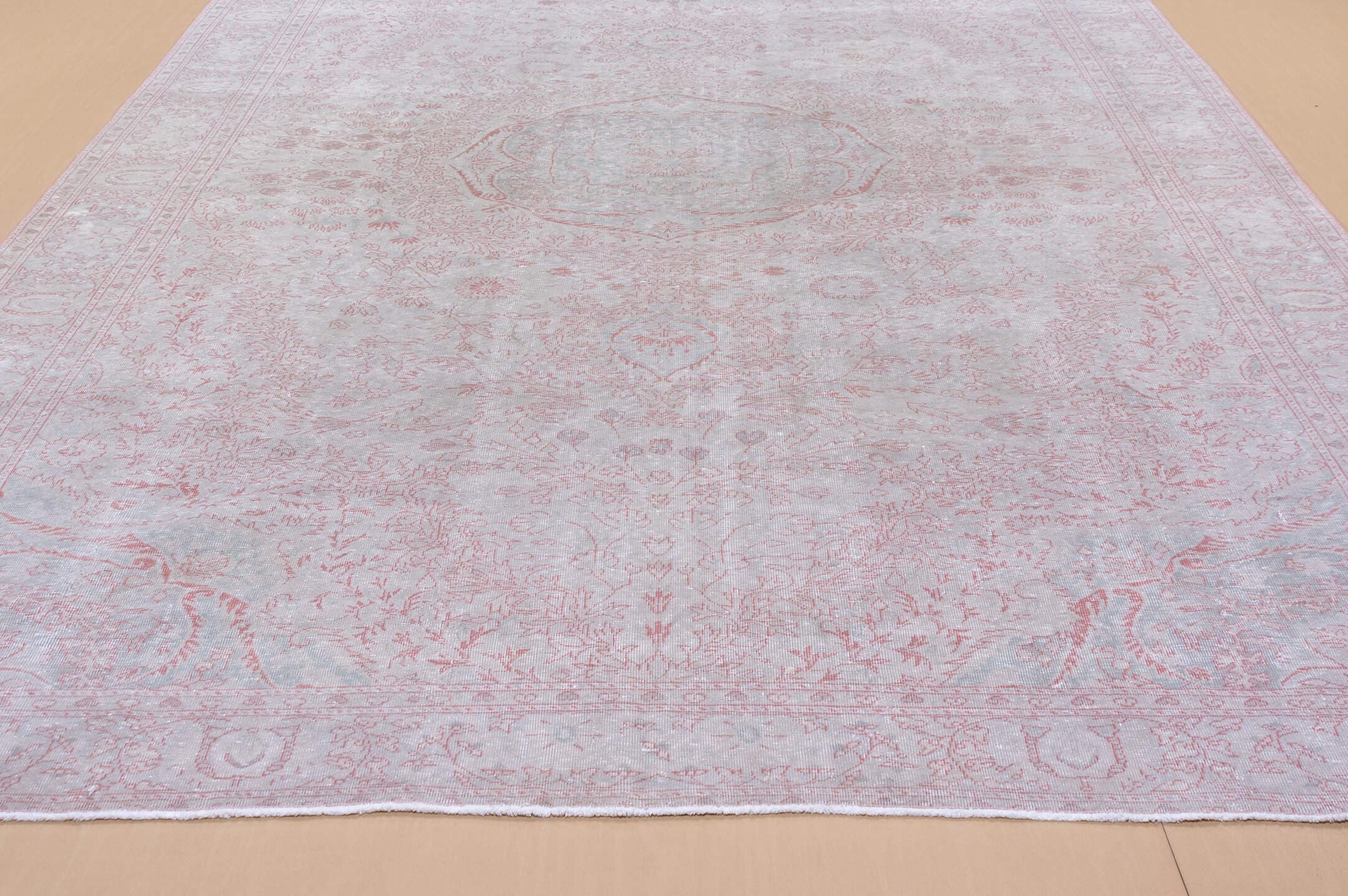 8' x 12' one-of-a-kind handmade vintage Sivas large size rug. Color palette: ivory, blush, pale pink, silver, taupe, pink