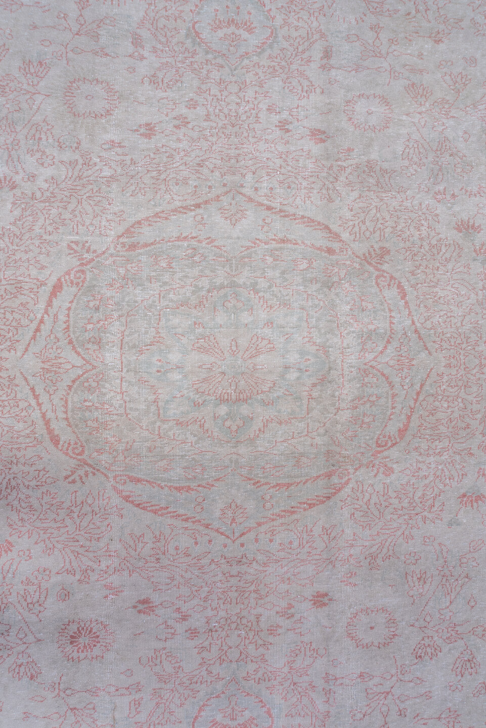 8' x 12' one-of-a-kind handmade vintage Sivas large size rug. Color palette: ivory, blush, pale pink, silver, taupe, pink