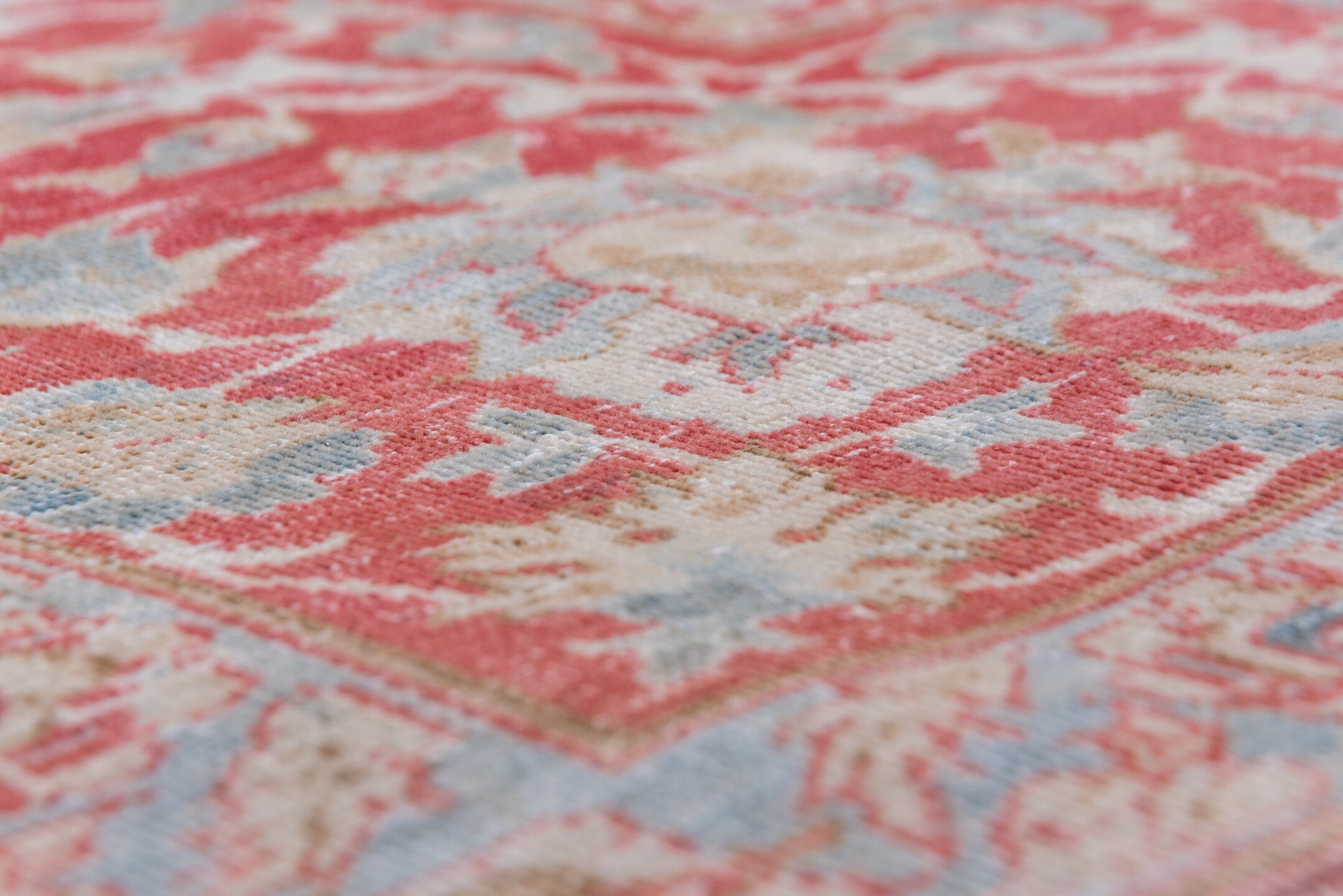 10' x 13' one-of-a-kind handmade vintage Kashan large size rug. Color palette: ivory, coral, sky blue, brick red, dusty rose
