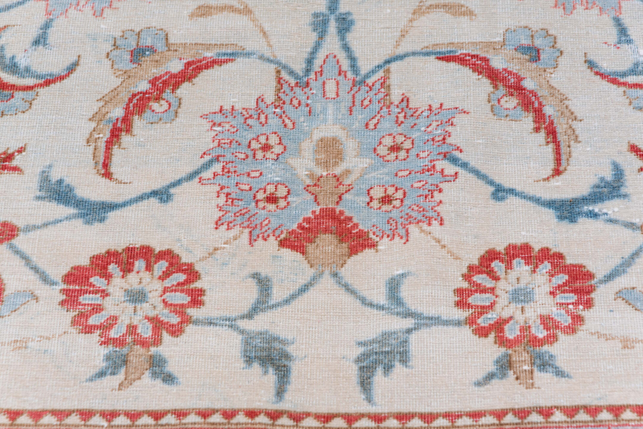 10' x 13' one-of-a-kind handmade vintage Kashan large size rug. Color palette: ivory, coral, sky blue, brick red, dusty rose
